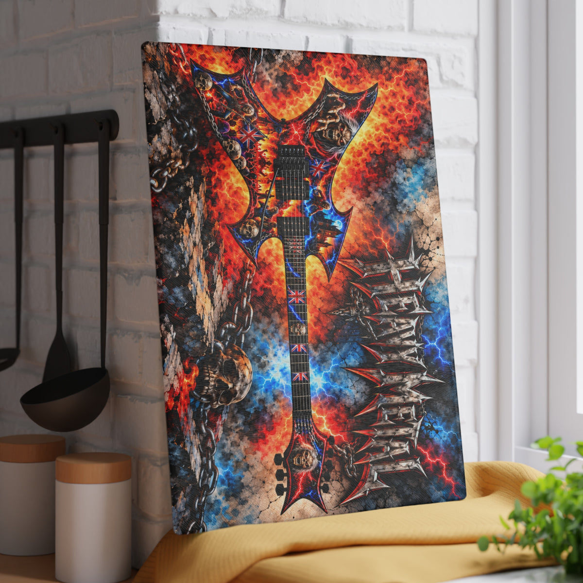 Heavy Metal Guitar Glass Cutting Board – Electric Guitar, Fire, Lightning, Skulls & Rock Music Artwork