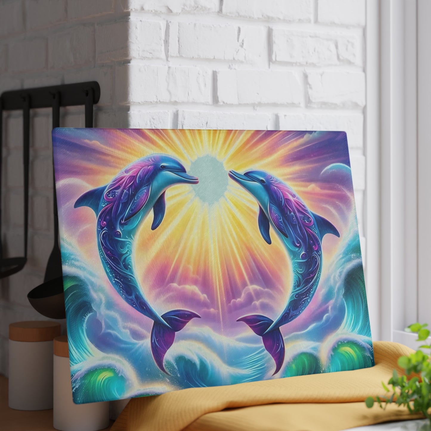 Personalized Dolphin Glass Cutting Board – Vibrant Ocean Decor, Custom Beach House Gift, Marine Life Charcuterie Board