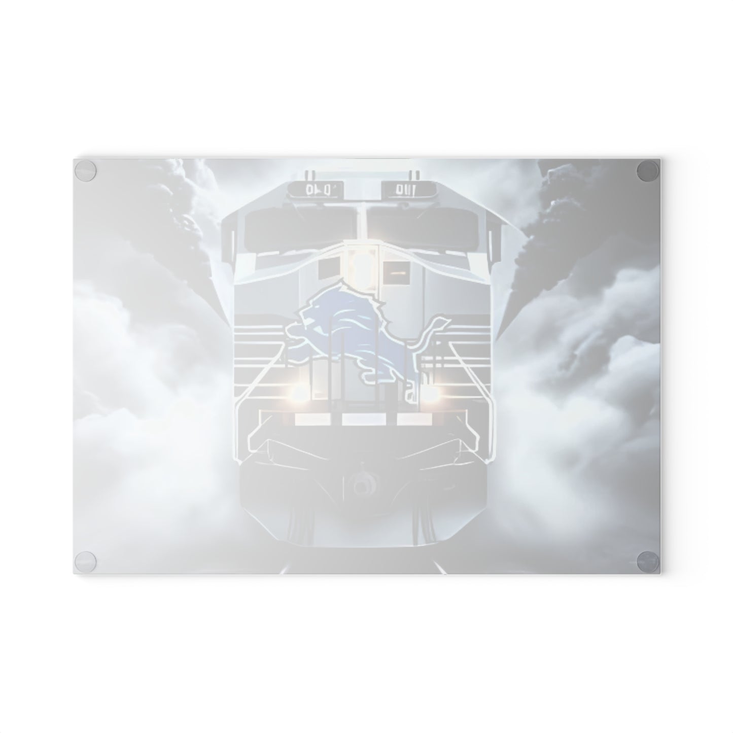 Light Blue & Silver Express Glass Cutting Board – Sleek Train Design for Cool, Modern Kitchens