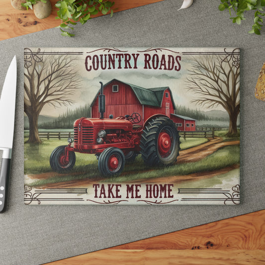 🚜🌾 Country Roads Tractor Glass Cutting Board – Rustic Farmhouse Charm for Your Kitchen 🌾🚜