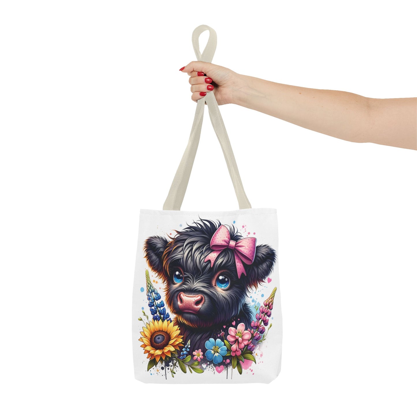 🌸 Black Highland Calf Floral Tote Bag – Sweet Style for Every Age 🐮👜