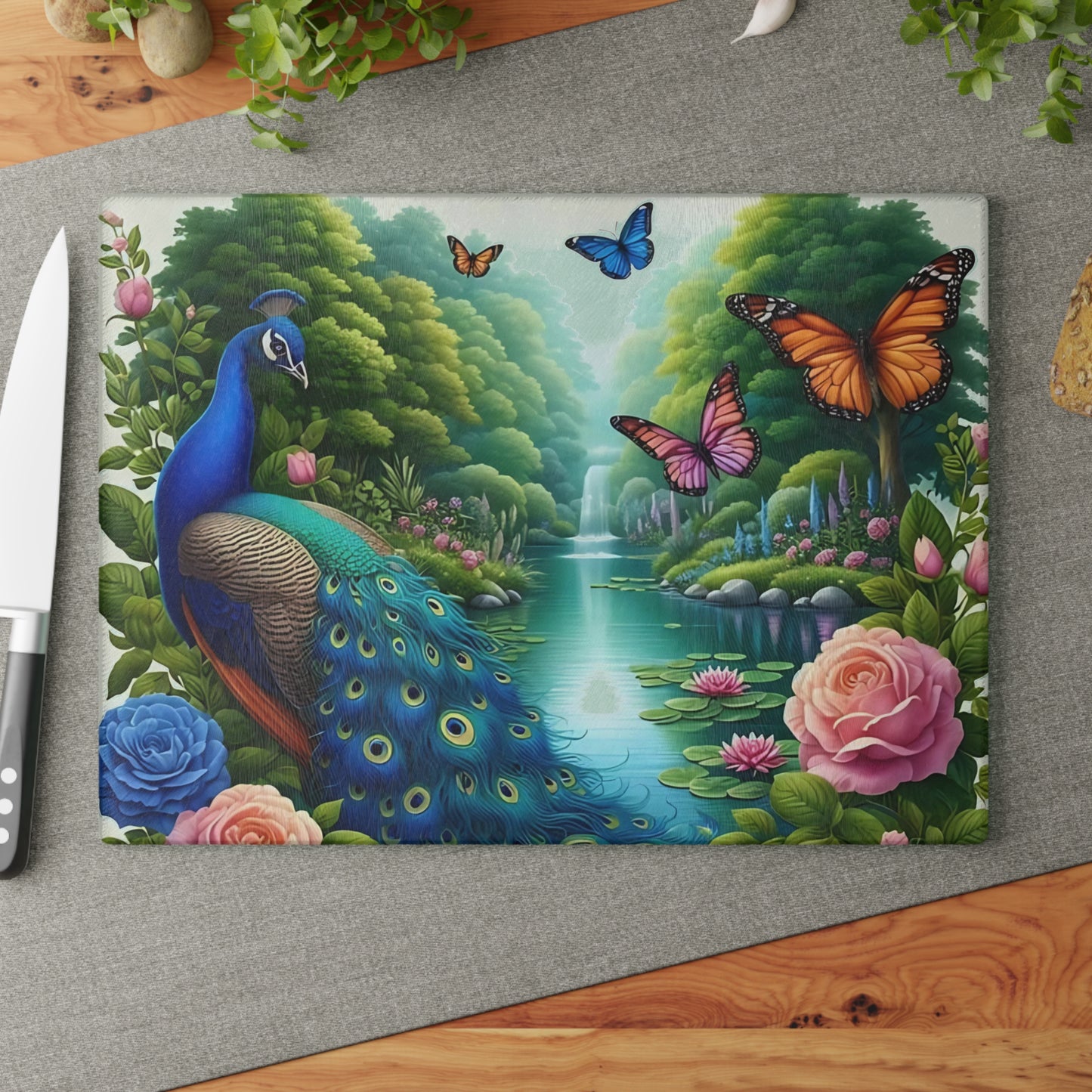 Peacock decor, butterfly decor, cutting board, kitchen decor, kitchen art, serving board, peacock gift, butterfly gift, floral cutting board