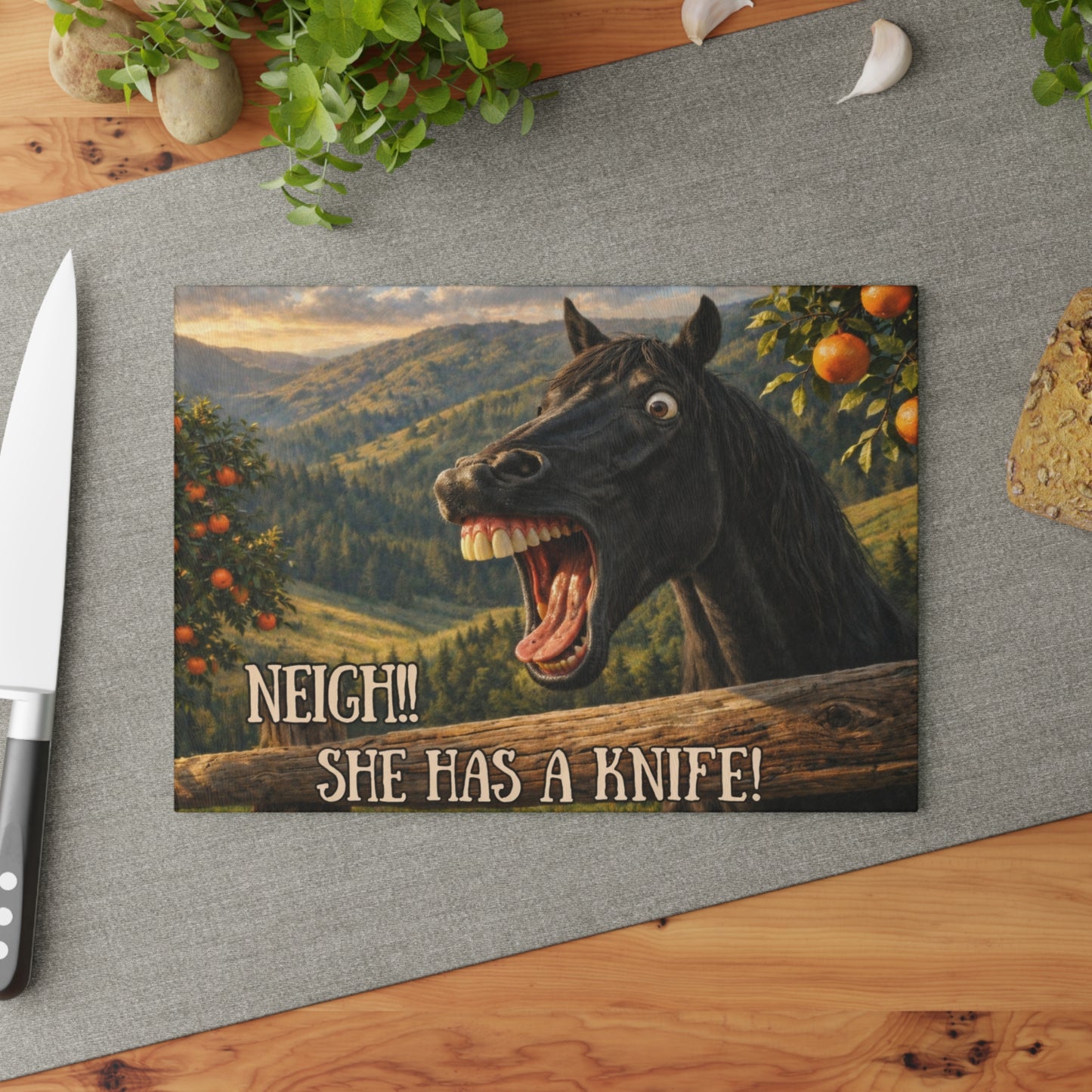 Funny Horse Neigh She Has a Knife Glass Cutting Board – Humorous Farmhouse Horse Lover Kitchen Decor