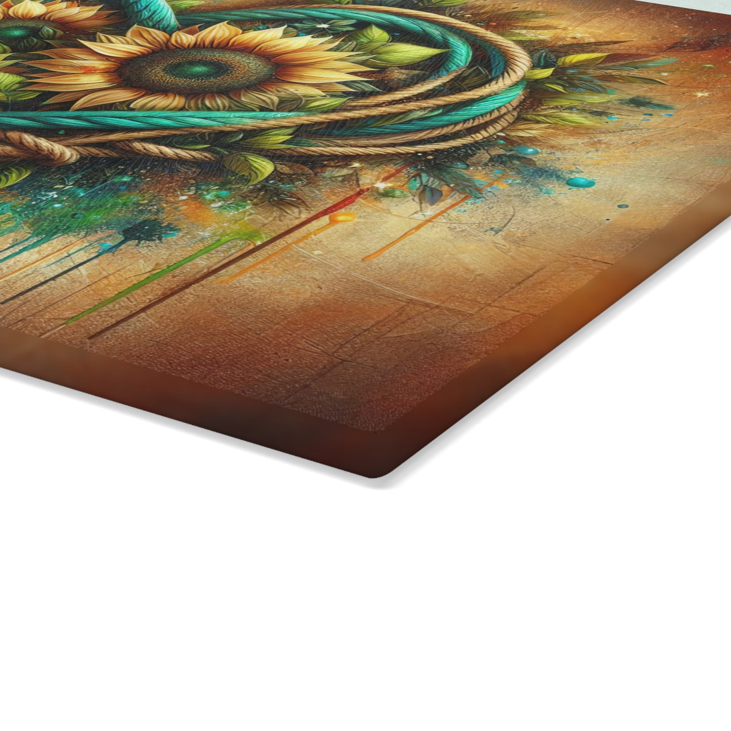 Sunflower Rope Heart Glass Cutting Board – Rustic Floral Love Kitchen Display