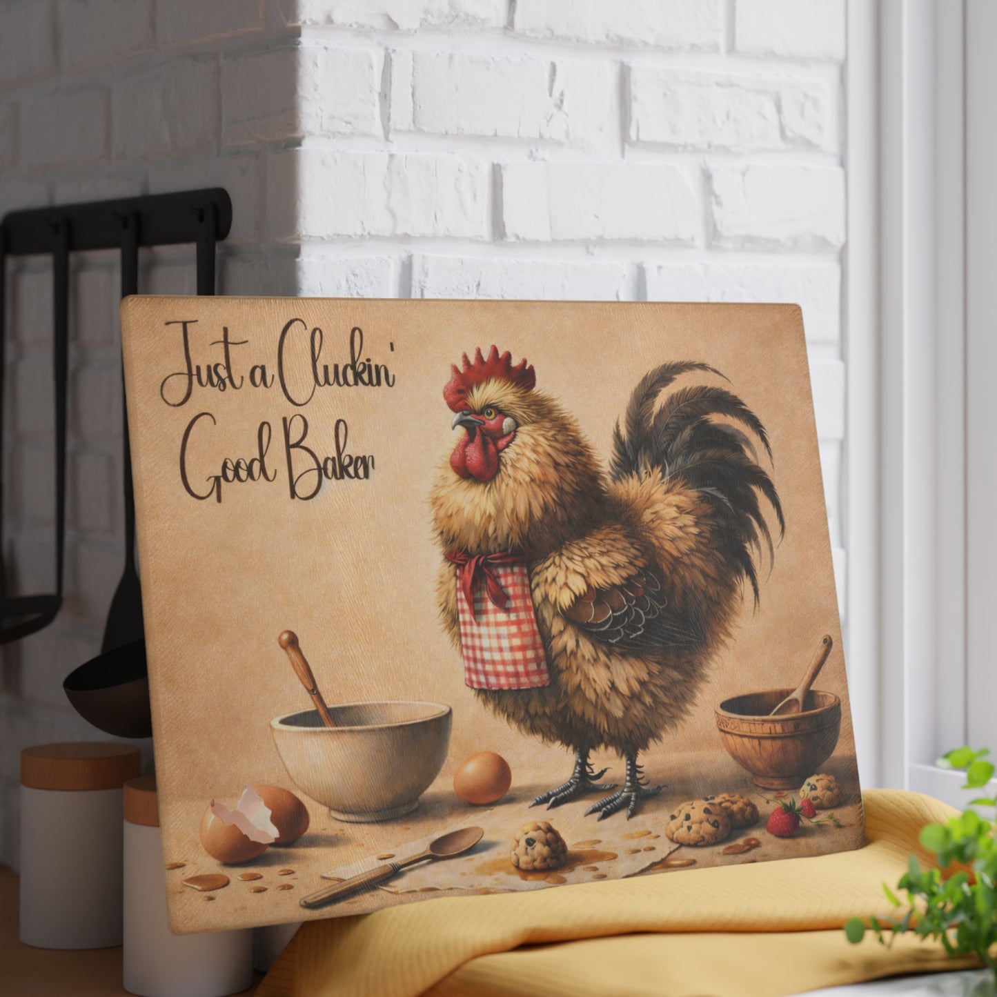 Just a Cluckin’ Good Baker Glass Cutting Board – Funny Farmhouse Kitchen Decor