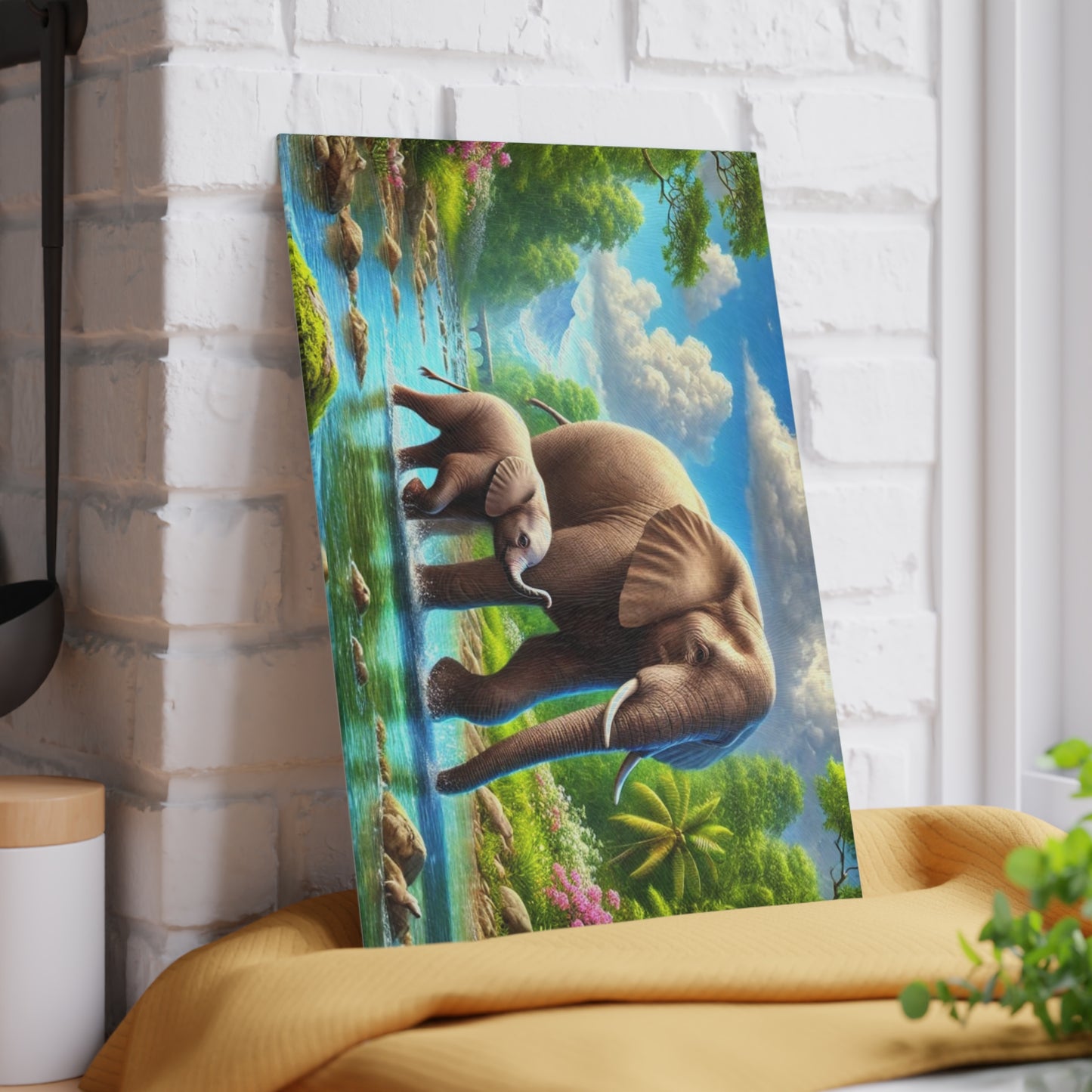 Mother elephant and her baby tempered glass cutting board - walking down a peaceful water creek