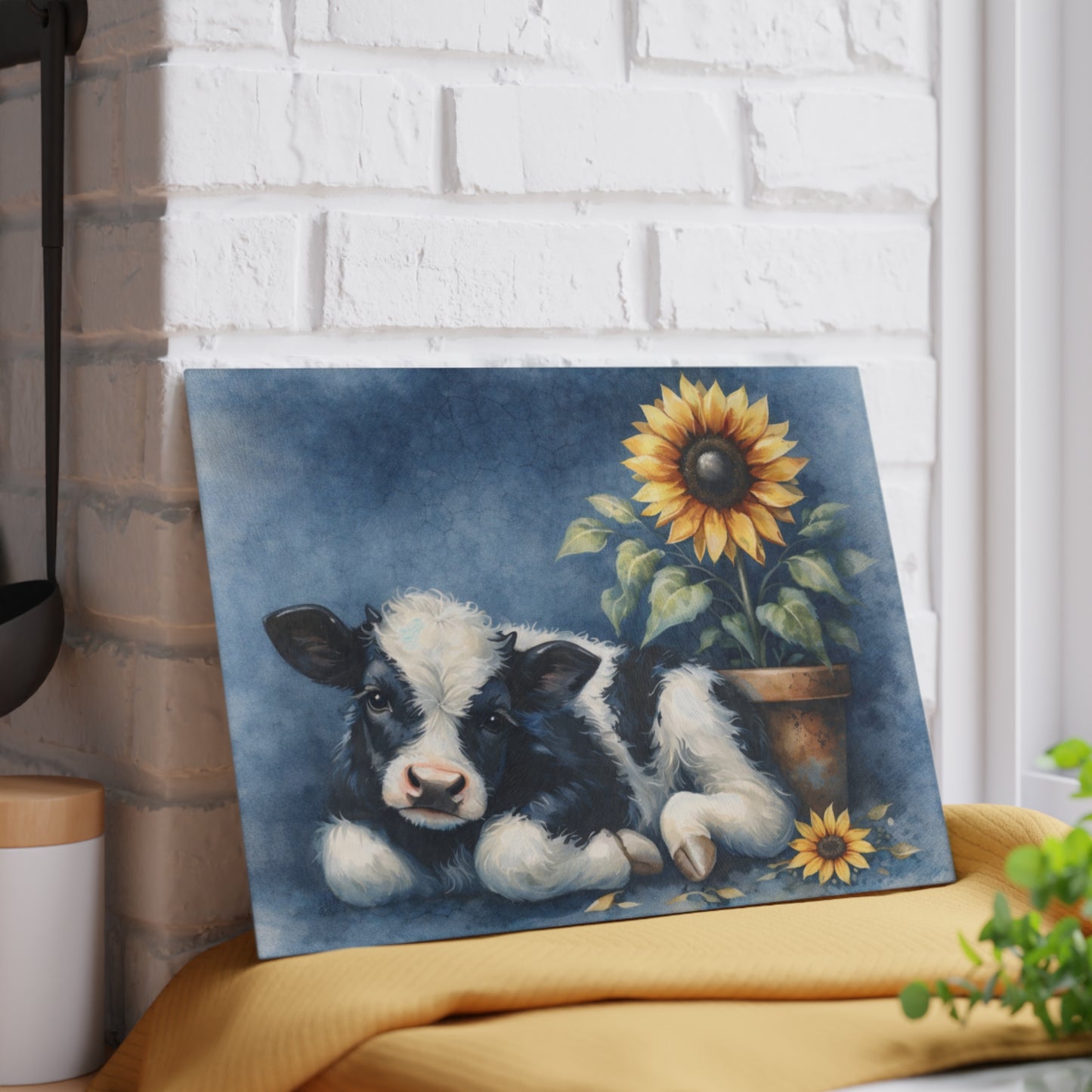Sunflower & Baby Cow Glass Cutting Board – Rustic Farmhouse Kitchen Decor