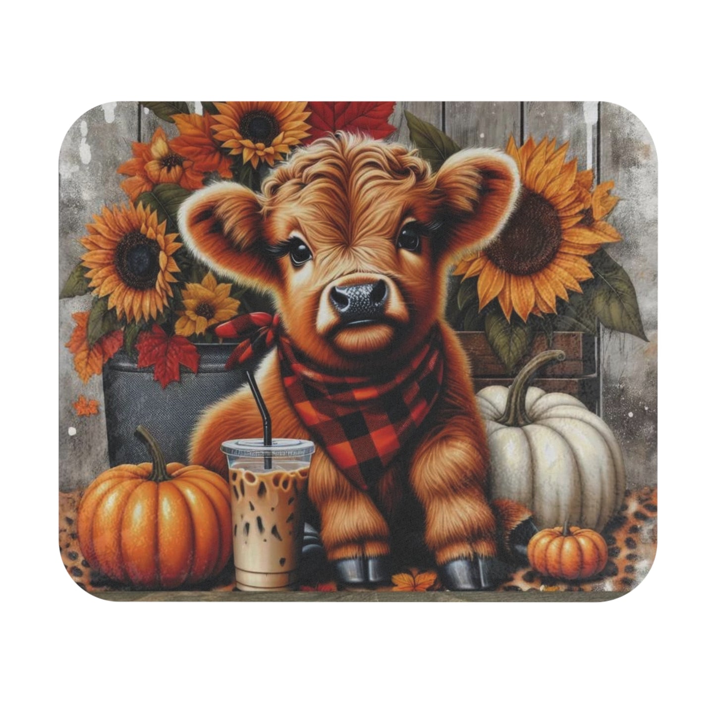 🖱️🎃🐮 Fall Highland Cow Mouse Pad – Pumpkins, Sunflowers & Plaid Cozy Vibes