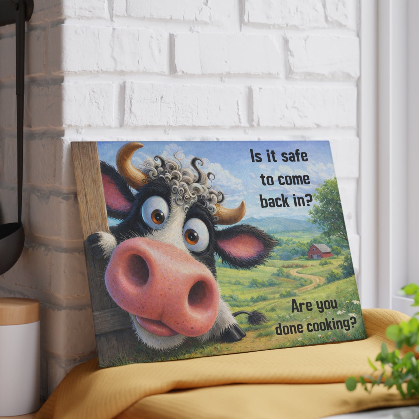 Is It Safe to Come Back In? Funny Farm Cow Glass Cutting Board – Whimsical Country Kitchen Humor
