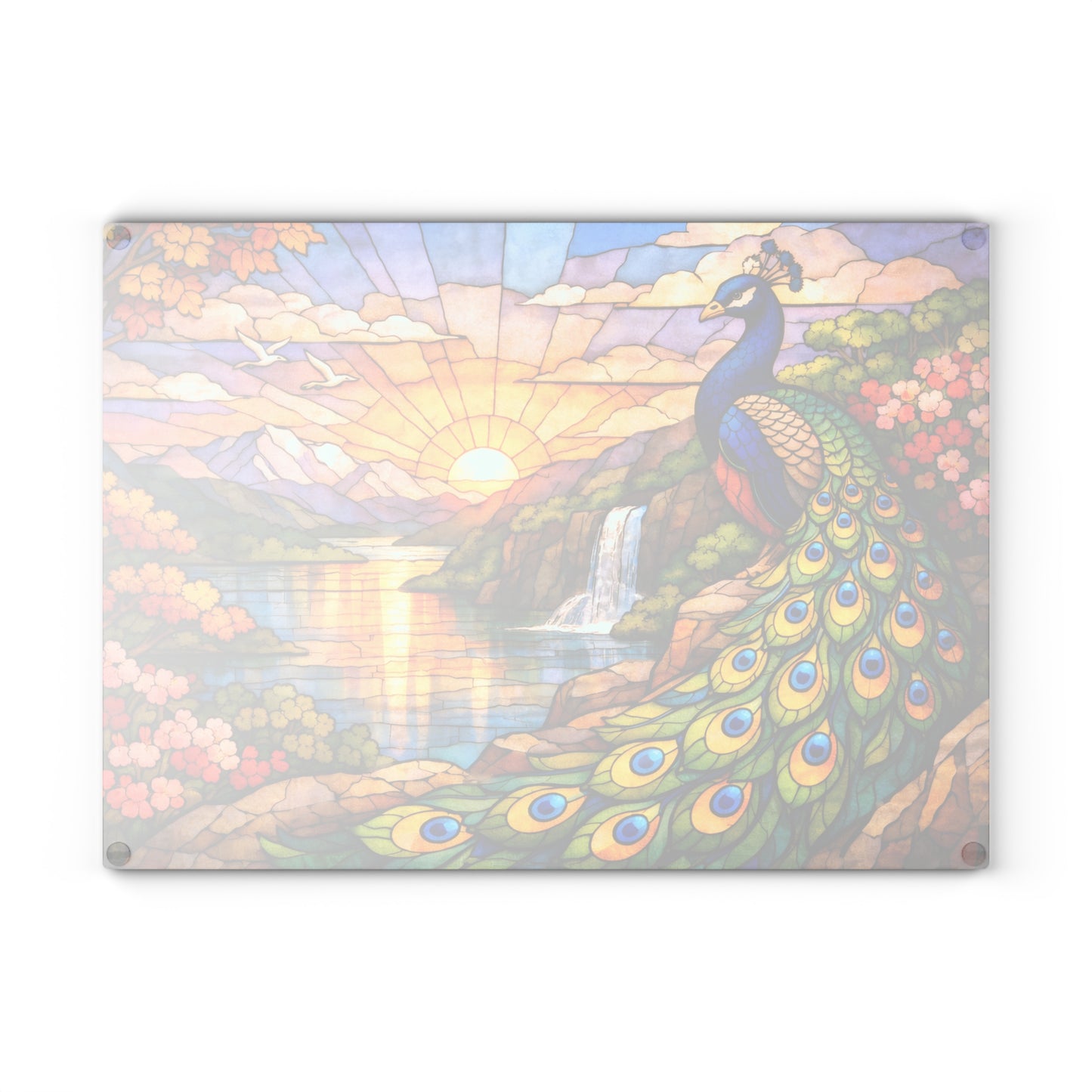 Stained Glass Style Peacock Landscape Glass Cutting Board – Colorful Nature Art Kitchen Decor