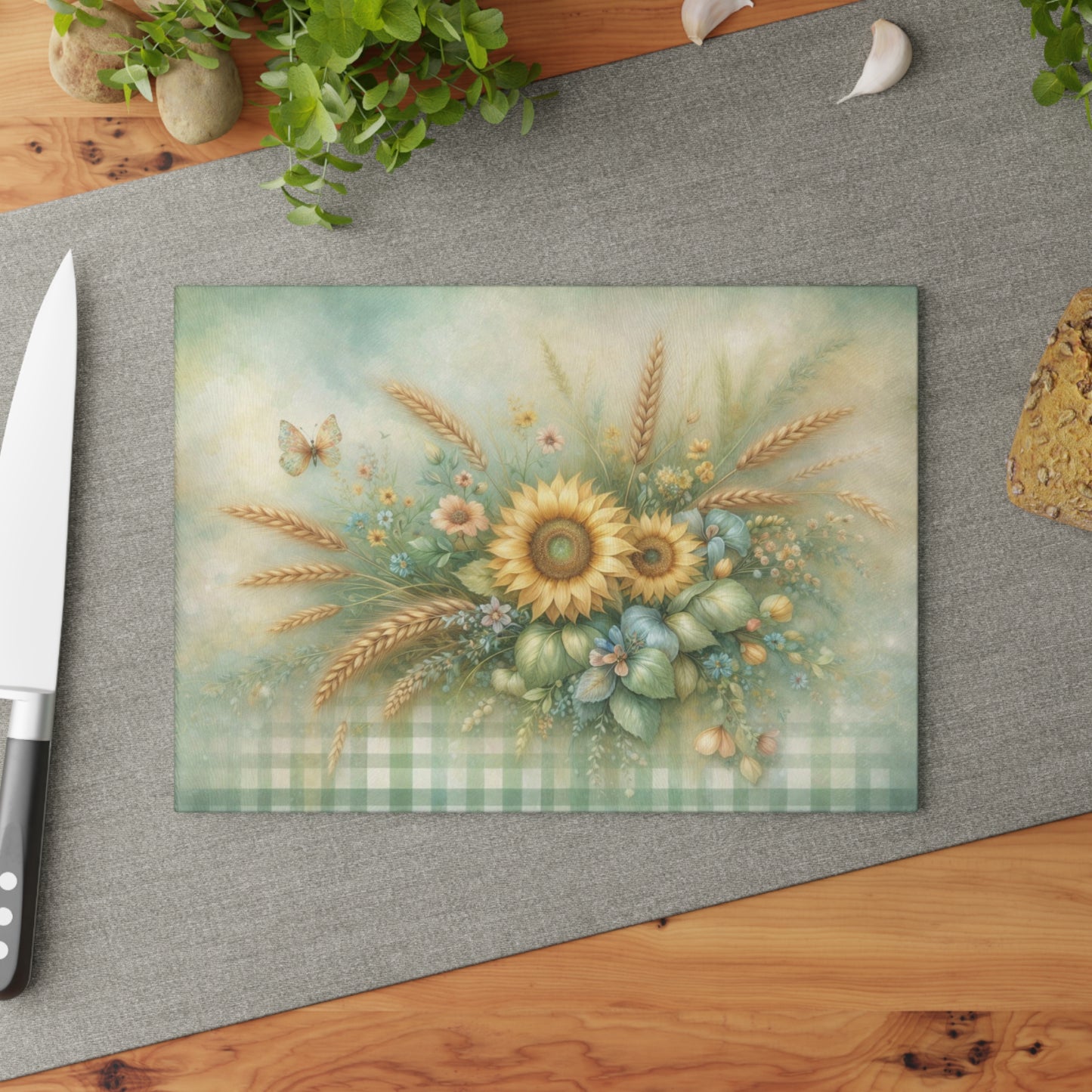 Sunflower and Wheat Garden Glass Cutting Board – Rustic Farmhouse Floral Kitchen Decor