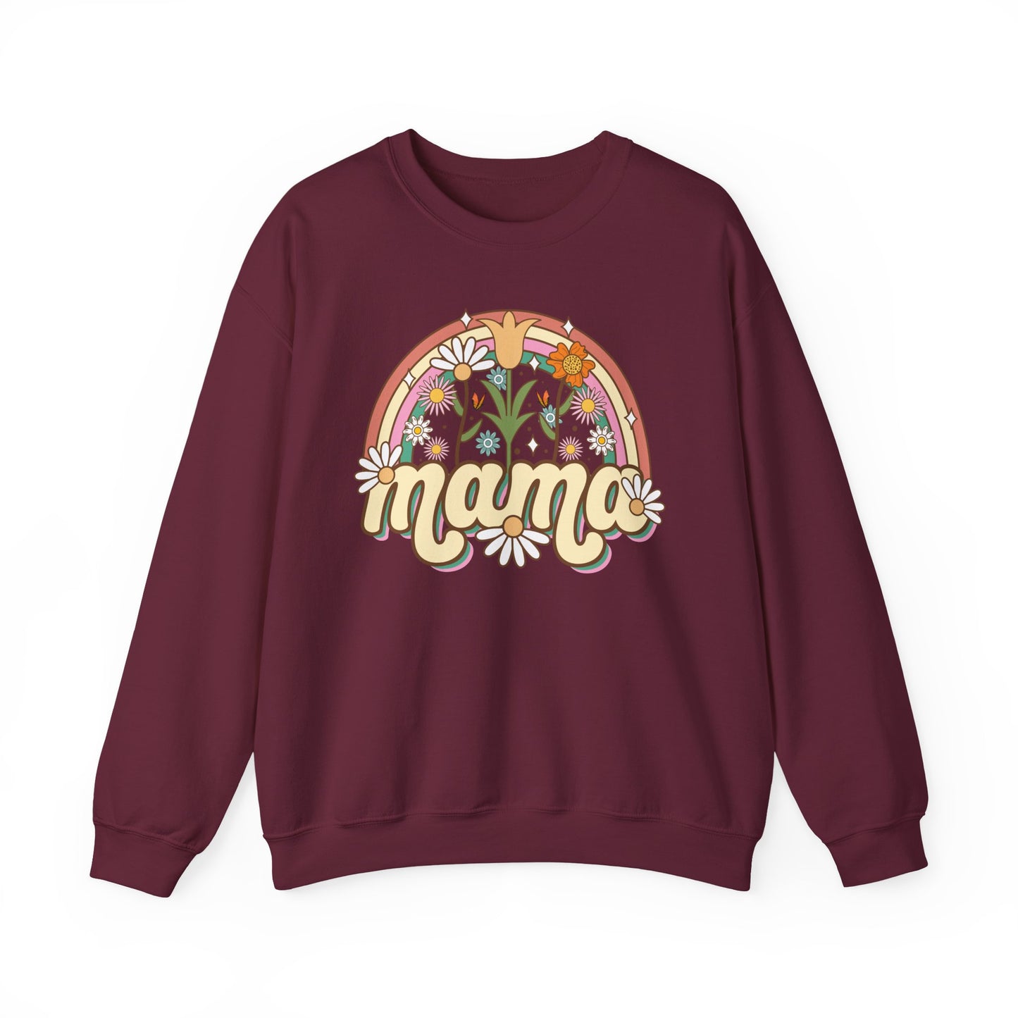 🌼🌈 Retro Floral Mama Sweatshirt – Vintage Rainbow Daisy Mom Crewneck