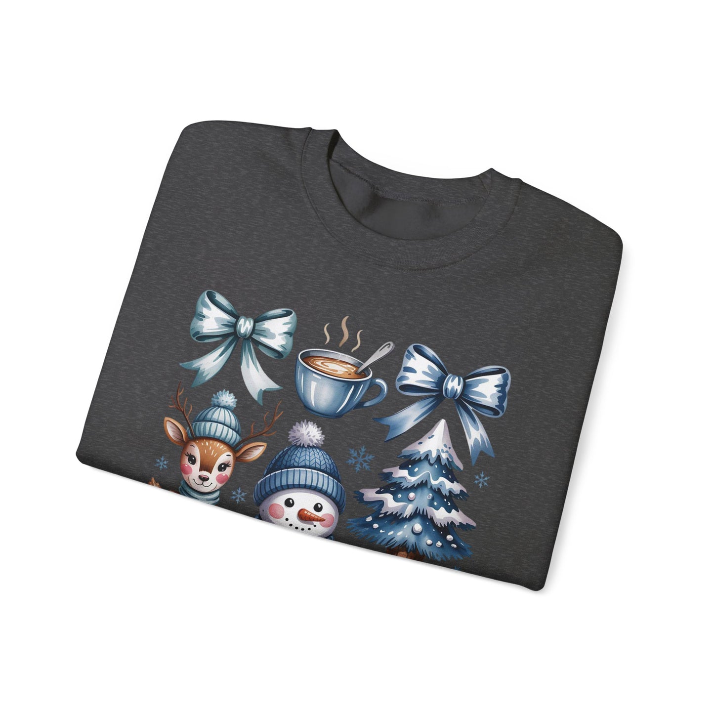 ❄️💙 Cozy Winter Vibes Crewneck – Reindeer, Snowman, Cocoa & Bows