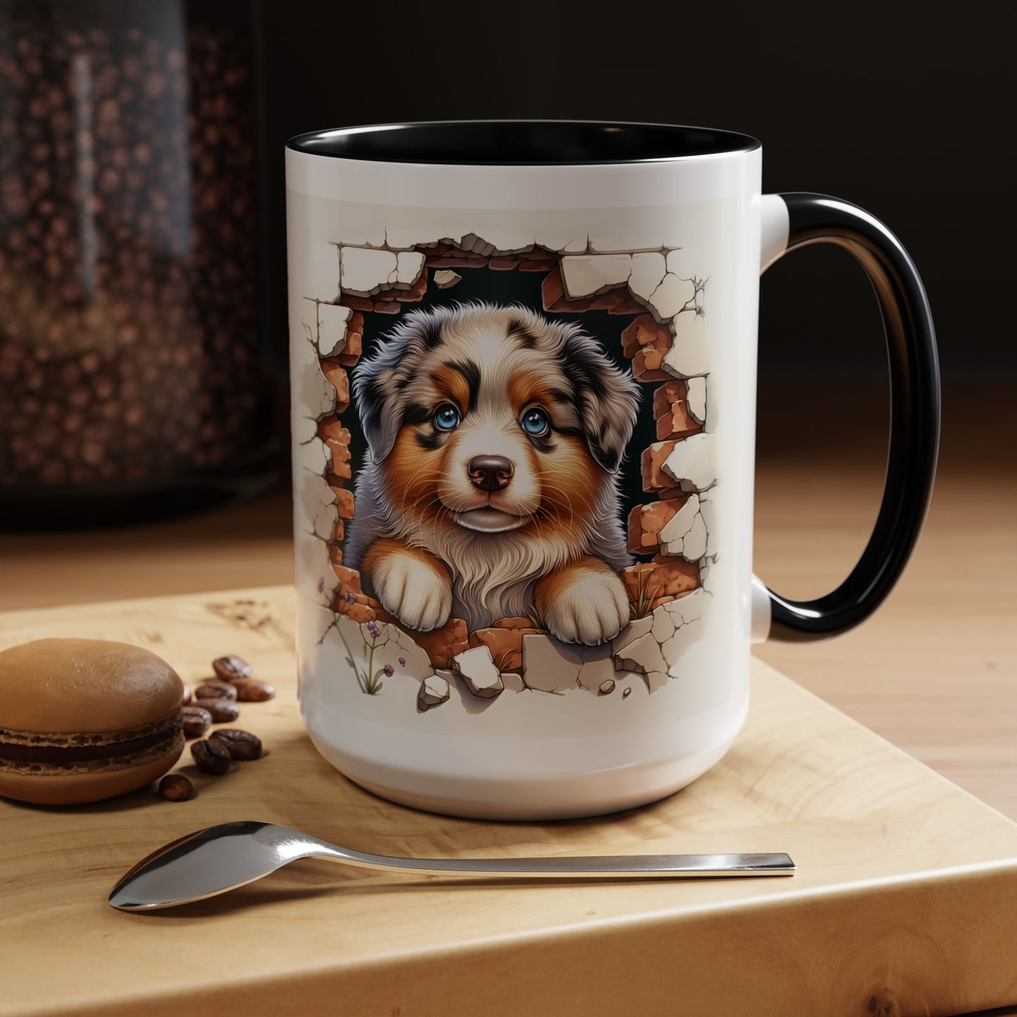 🐾☕ Australian Shepherd Puppy Peek Accent Mug – Blue-Eyed Beauty Dog Lover Gift ✨💙