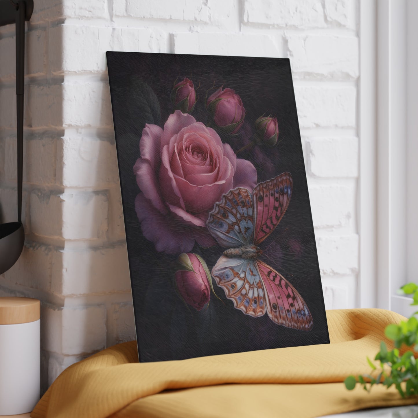 Pink Rose & Butterfly Glass Cutting Board – Elegant Dark Floral Nature Kitchen Décor