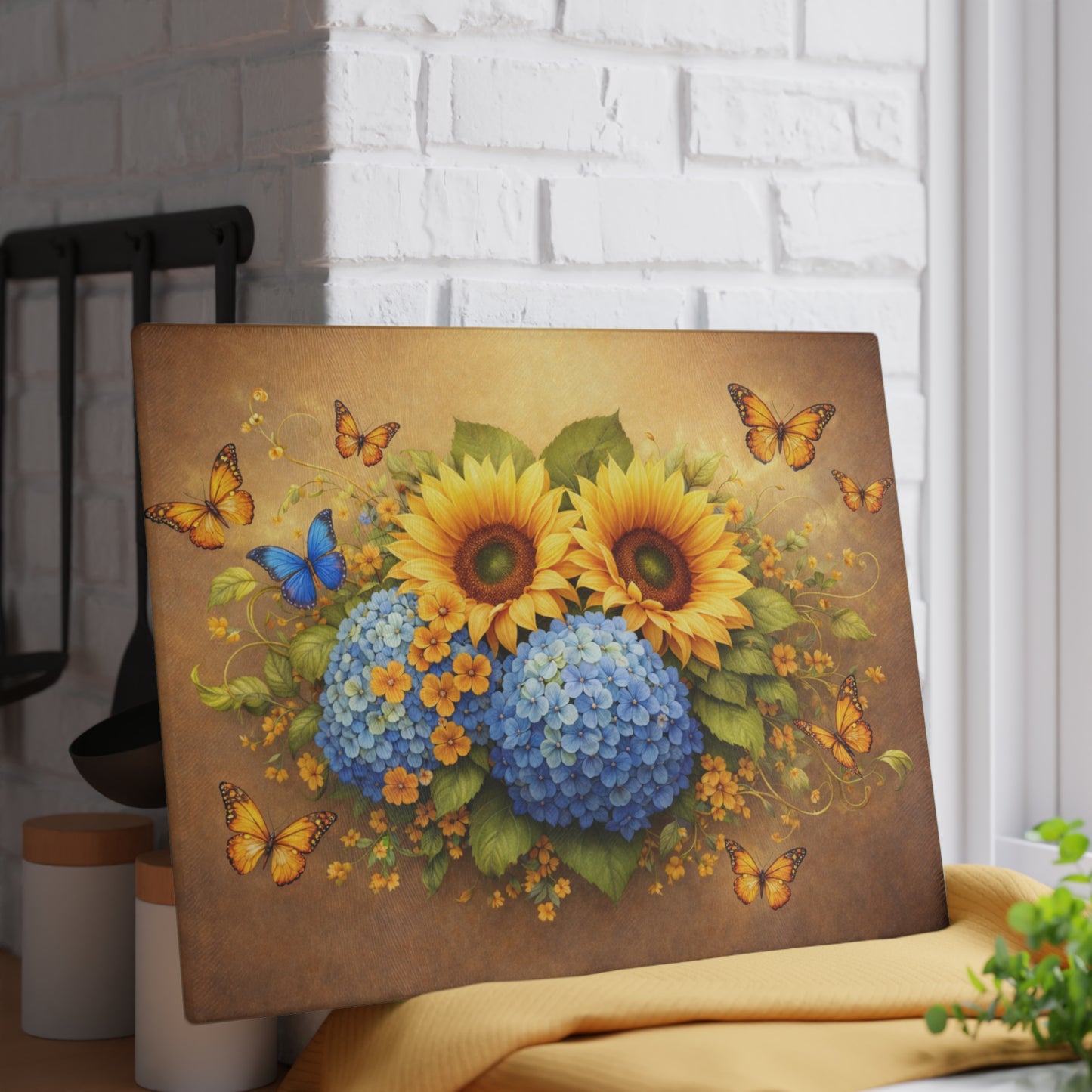 Sunflower & Hydrangea Butterfly Glass Cutting Board – Bright Floral Garden Kitchen Display