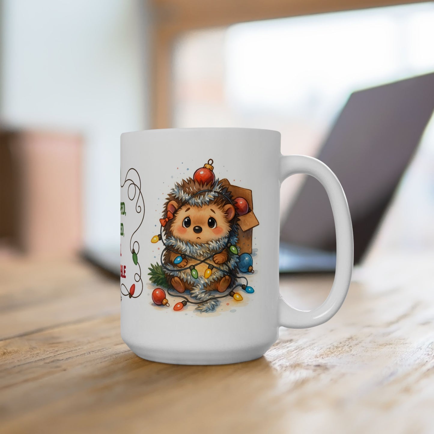🦔🎄 Wrapped, Tangled, Still Adorable Hedgehog Mug – Cute Christmas Coffee Cup ✨☕