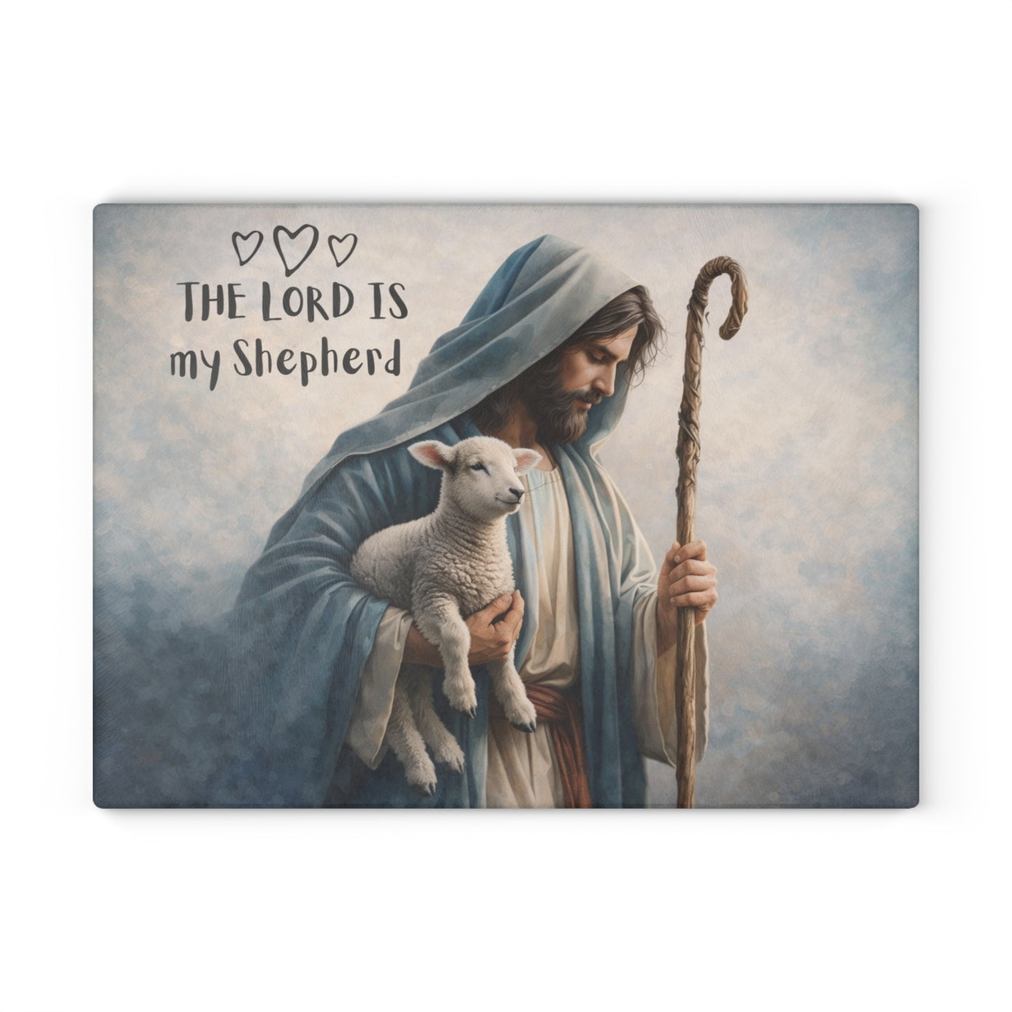 The Lord Is My Shepherd Glass Cutting Board – Faith-Inspired Lamb & Shepherd Artwork