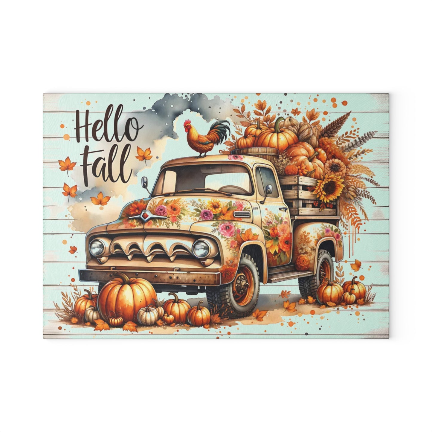 🍂🚜 Hello Fall Truck Cutting Board – Rustic Farmhouse Charm with Pumpkins & Sunflowers 🌻🐓