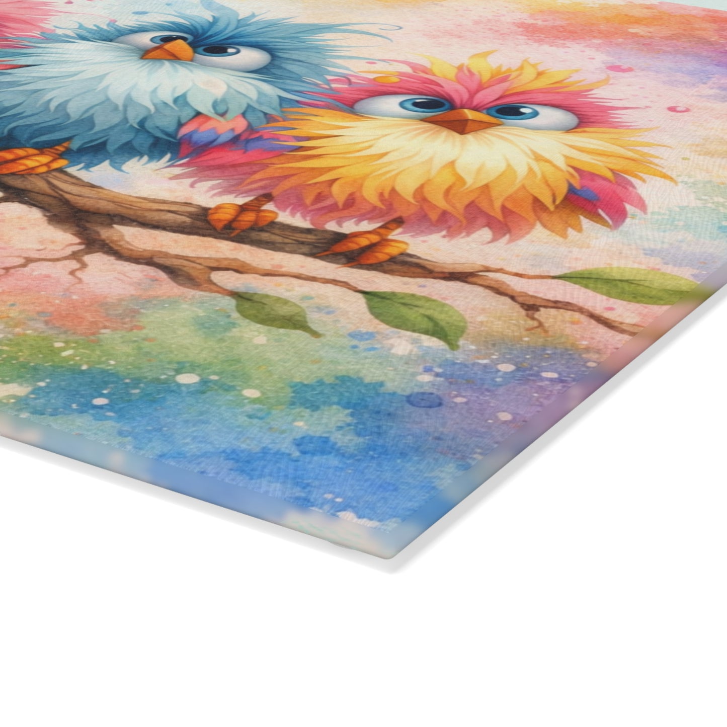 Colorful Birds on a Branch Glass Cutting Board – Whimsical Farmhouse Kitchen Decor with Bright Watercolor Style
