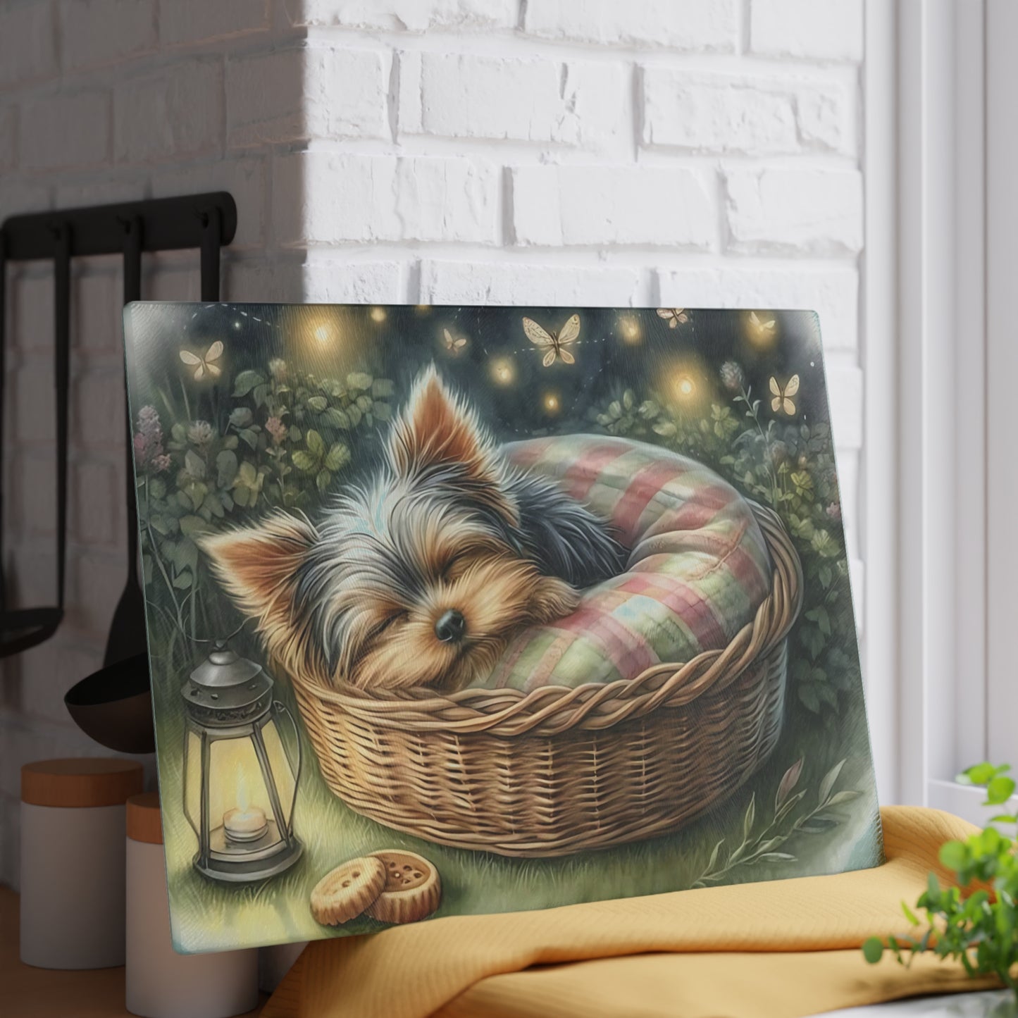 🐾✨ Sleeping Yorkie in Basket Cutting Board – Dreamy Garden Charm for Your Kitchen 🌙🕯️