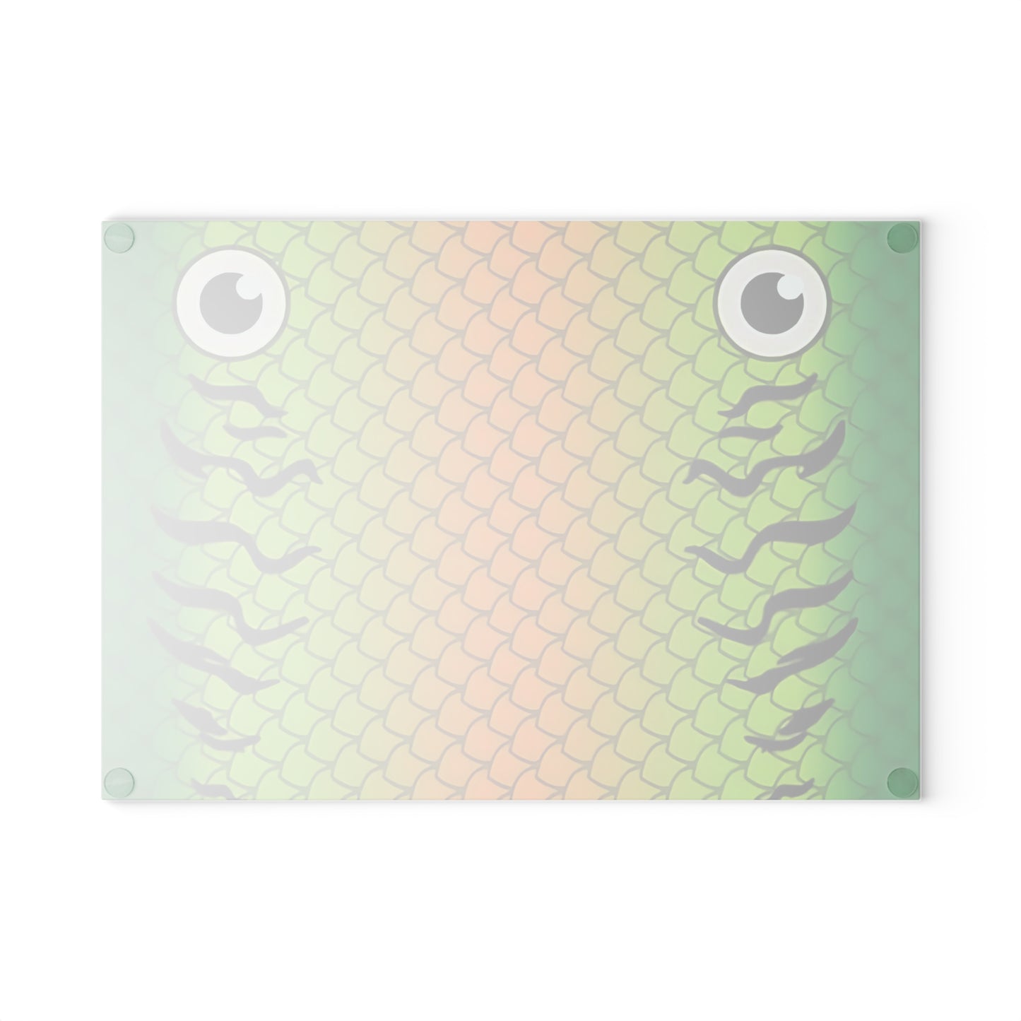 Green & Gold Fish Face Glass Cutting Board – Bold Coastal Artwork with Playful Scales