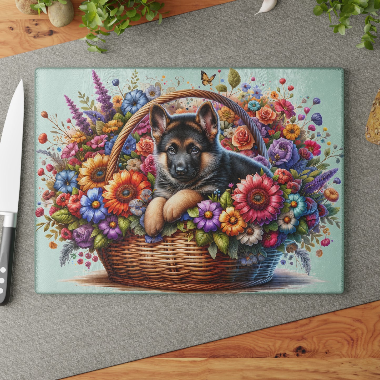 🐾🌼 German Shepherd in Bloom Cutting Board – Rustic Elegance for Your Kitchen 🌸