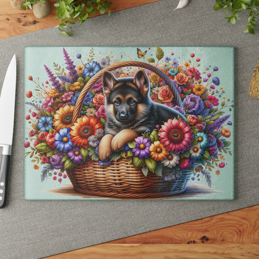 🐾🌼 German Shepherd in Bloom Cutting Board – Rustic Elegance for Your Kitchen 🌸