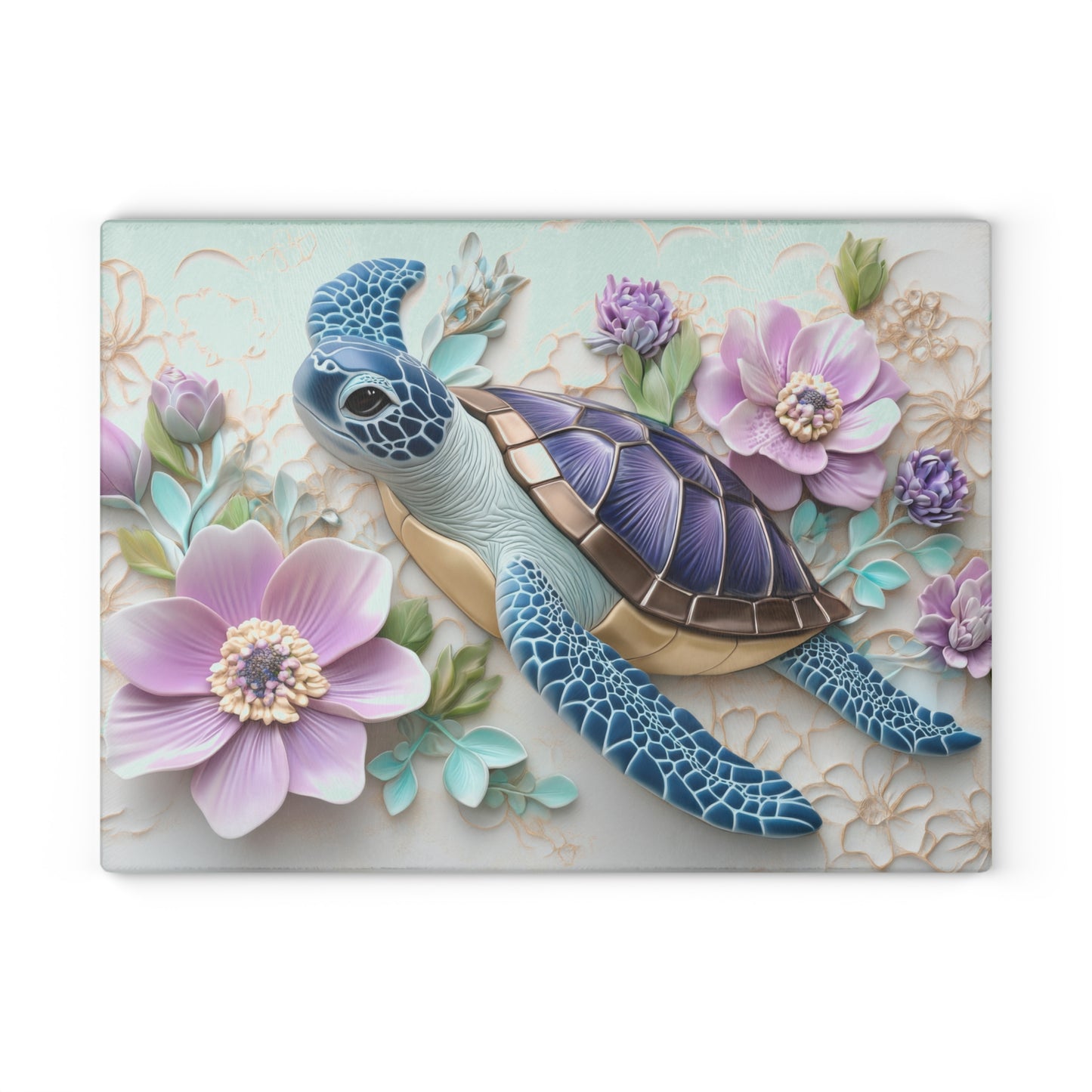 🐢 Floral Sea Turtle Cutting Board – Ocean Beauty Meets Botanical Elegance