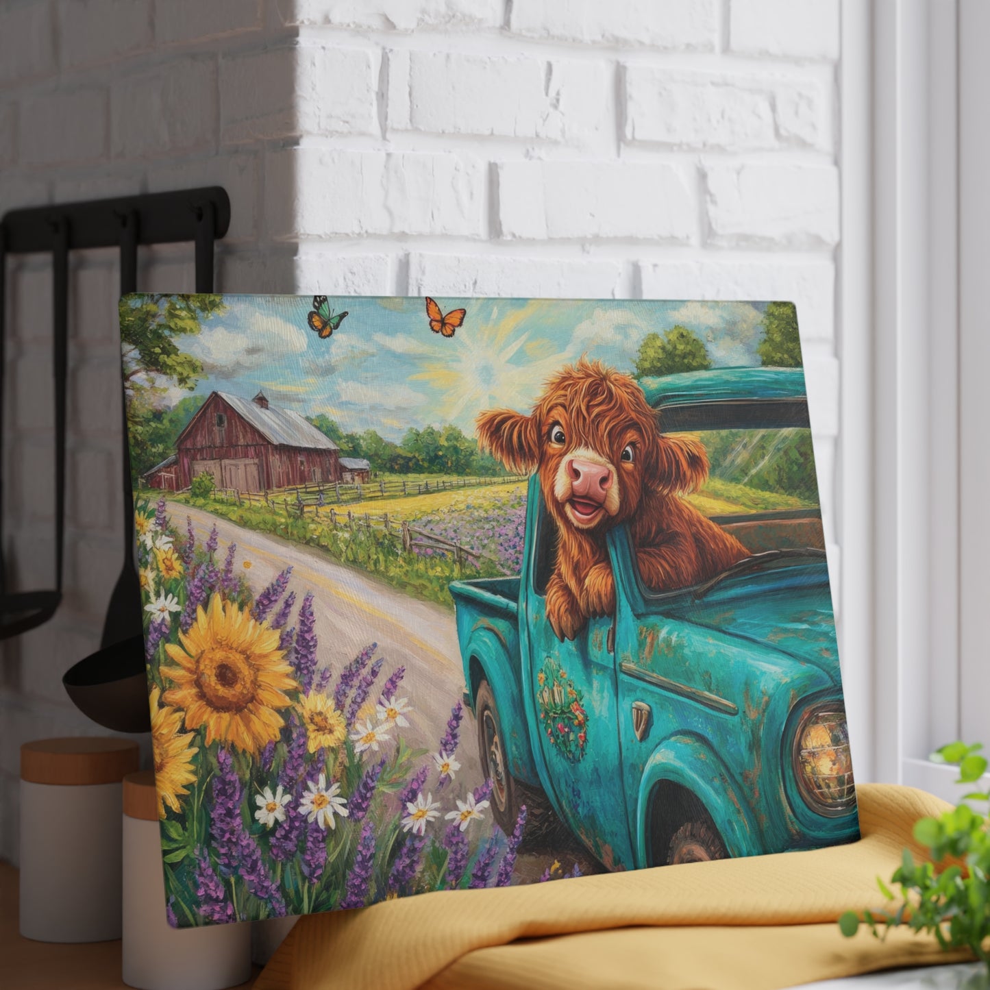 🚚🌼 Excited Baby Highland Cow in Old Truck Glass Cutting Board – Farm Road Joyride with Sunflowers & Barn 🐮🌻