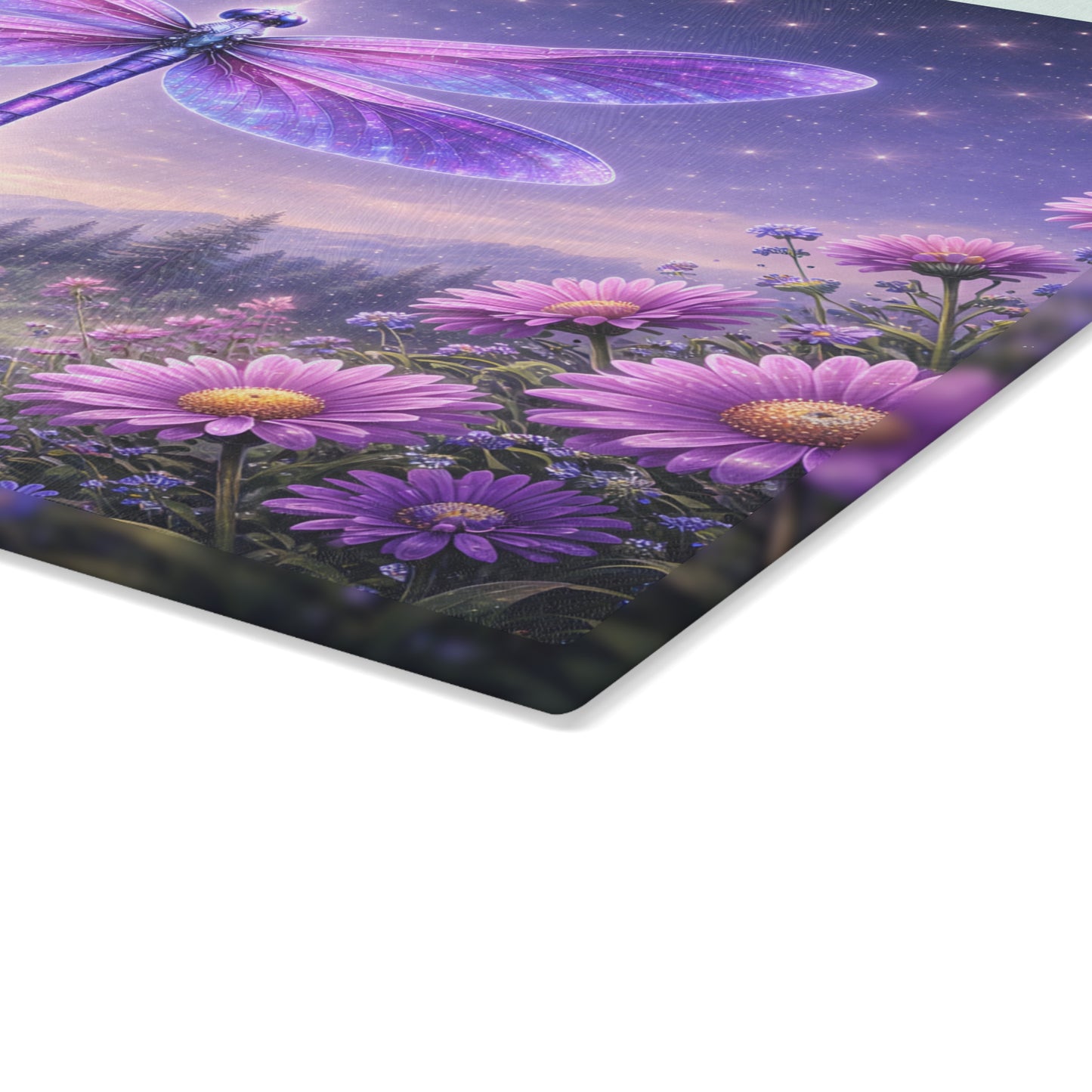 Celestial Dragonfly Glass Cutting Board – Purple Fantasy Floral Night Sky Kitchen Display