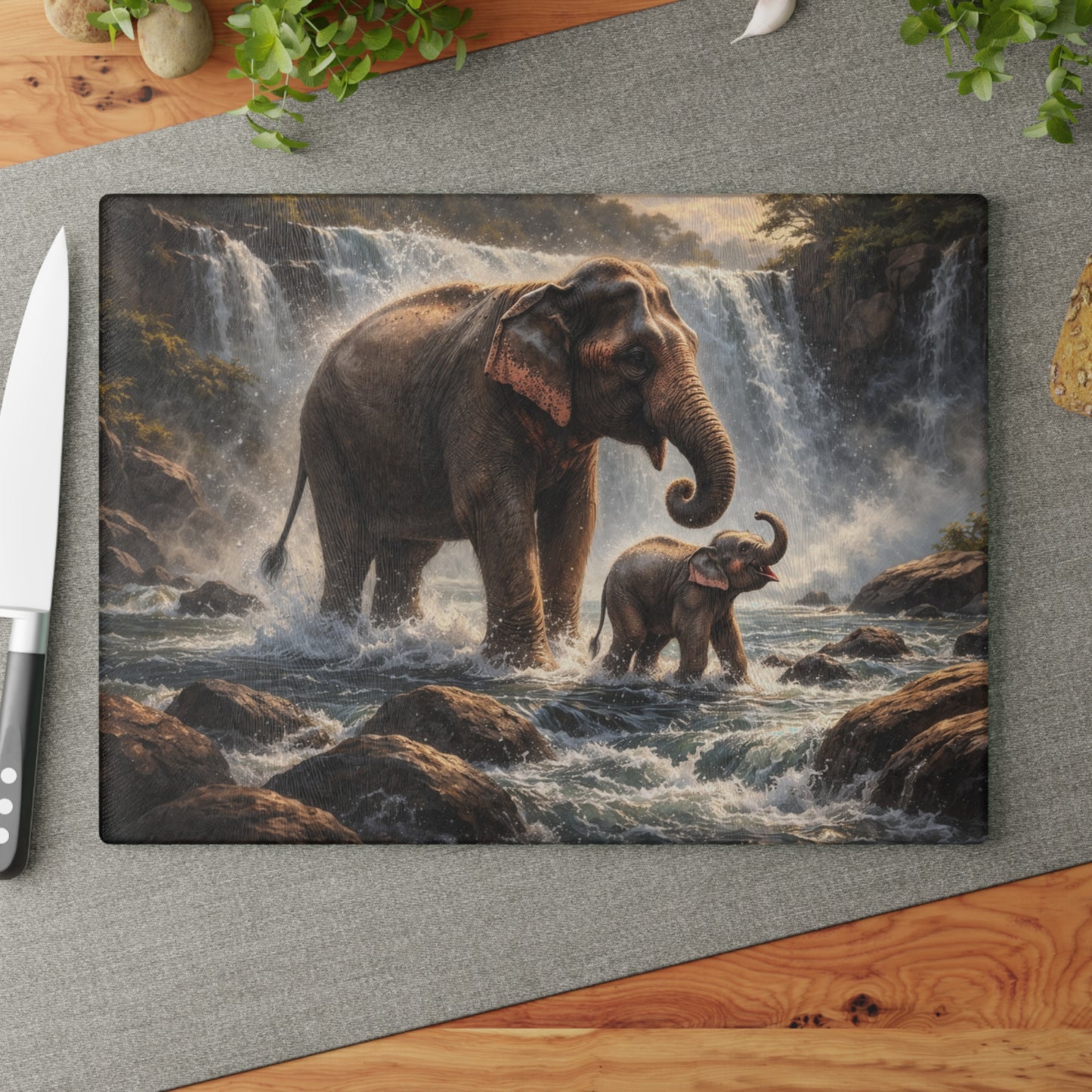 Elephant Waterfall Wildlife Glass Cutting Board – Majestic Nature Scene Kitchen Art
