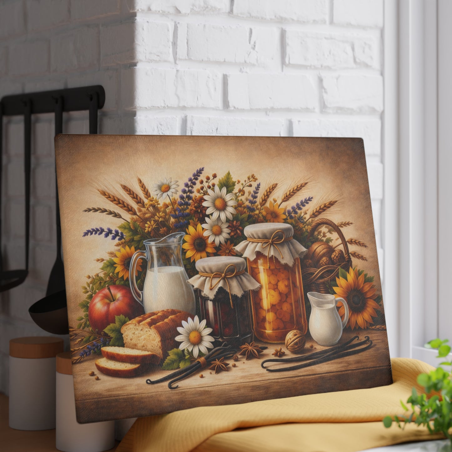 Harvest Pantry Still Life Glass Cutting Board – Rustic Farmhouse Kitchen Artwork