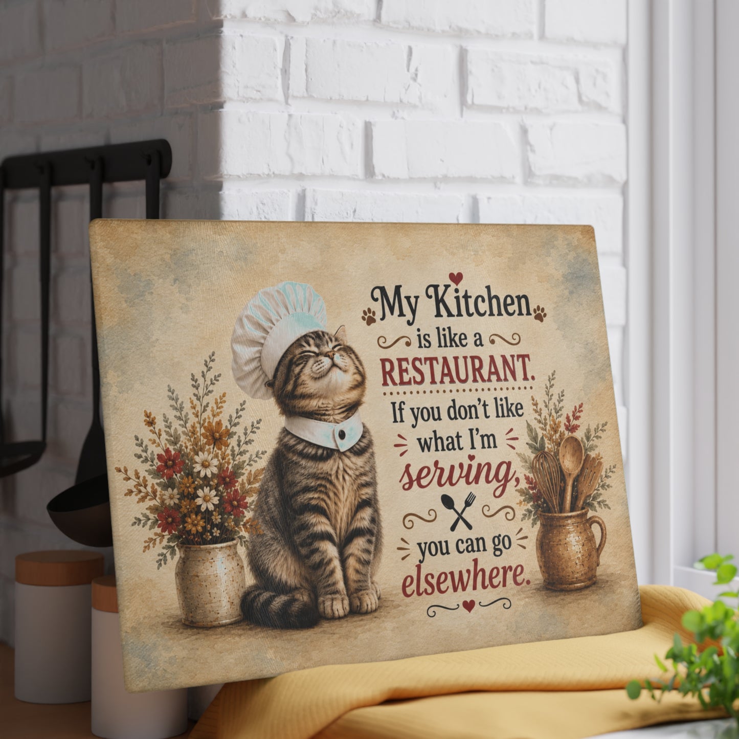 My Kitchen Is Like a Restaurant Glass Cutting Board – Funny Chef Cat Kitchen Decor with Humorous Quote