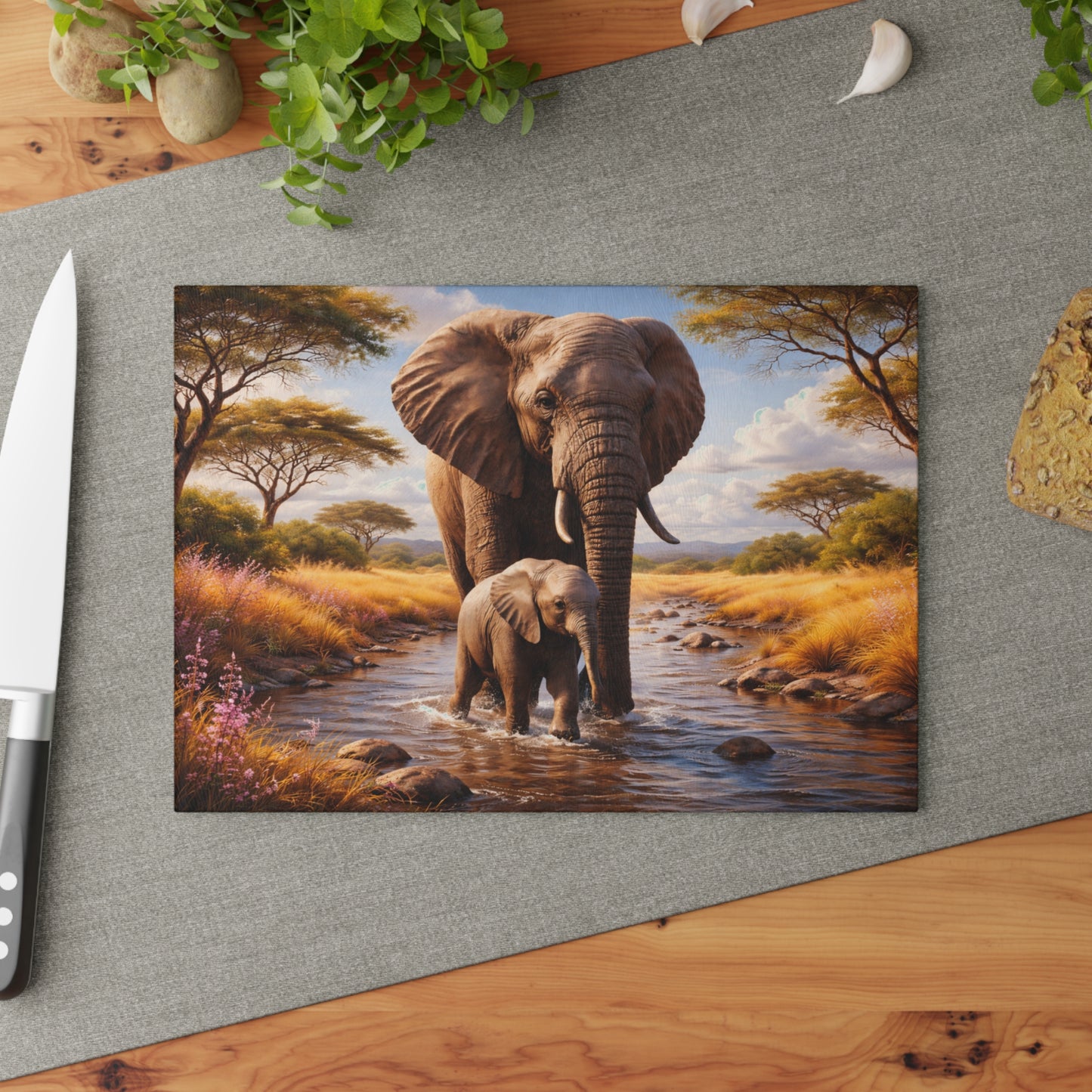 Mother & Baby Elephant Glass Cutting Board – African Safari Wildlife Kitchen Art