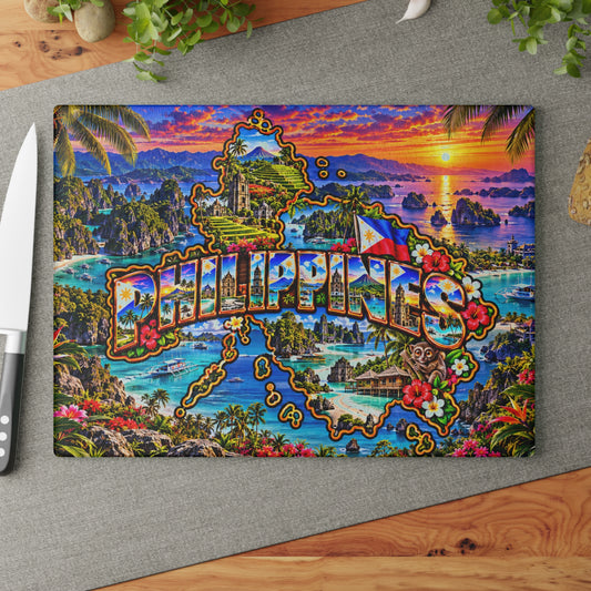 Philippines Glass Cutting Board – Tropical Island Map, Palawan Lagoons, Mayon Volcano, Philippine Flag & Sunset Kitchen Décor