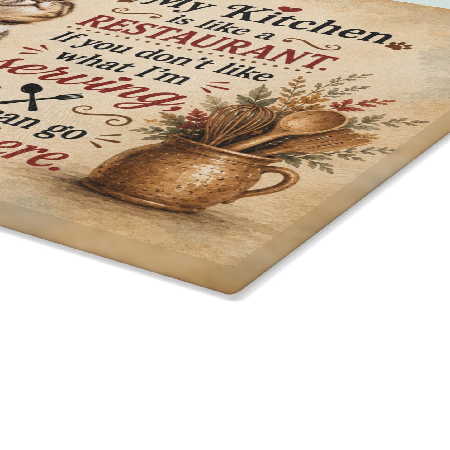 My Kitchen Is Like a Restaurant Glass Cutting Board – Funny Chef Cat Kitchen Decor with Humorous Quote