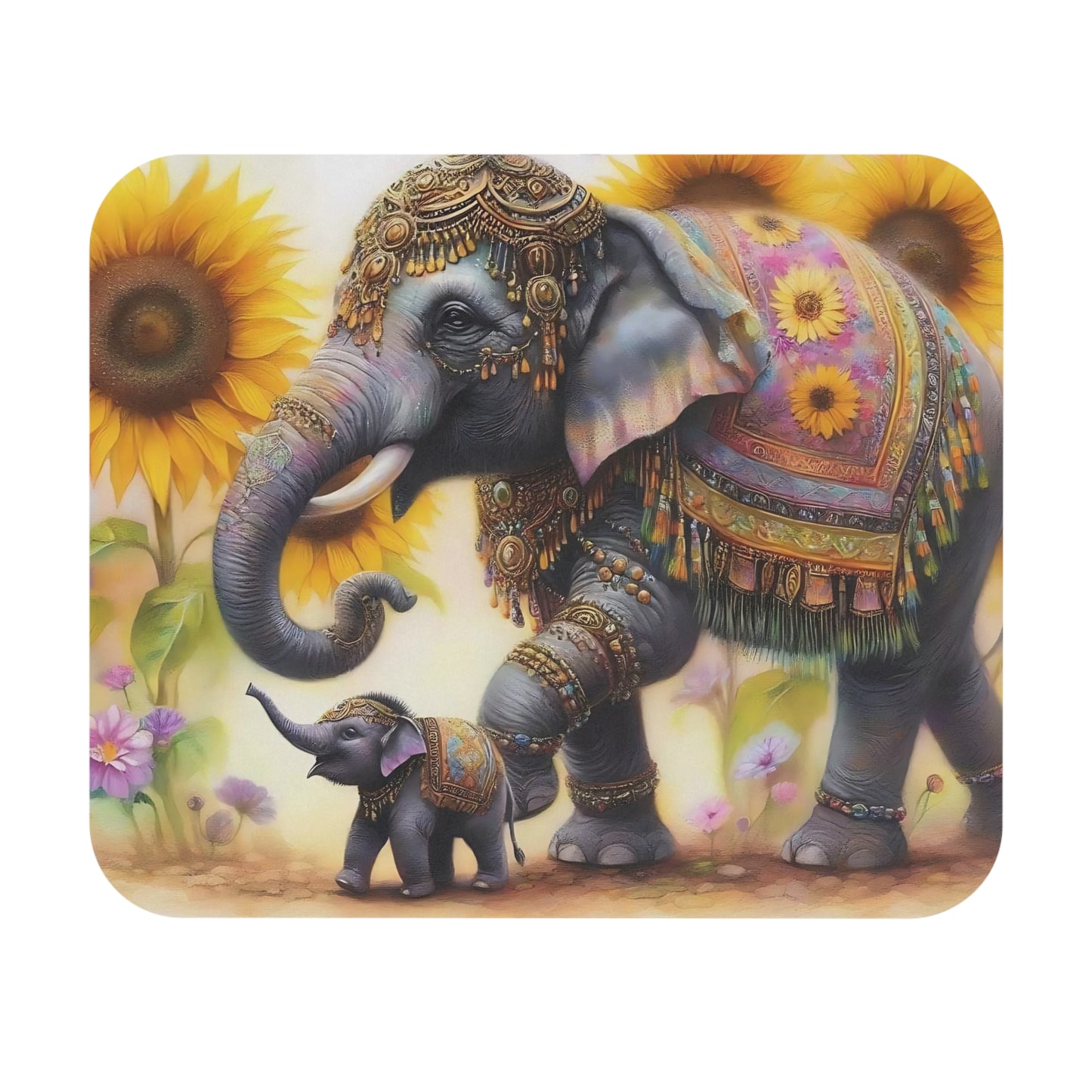 🖱️🐘 Elephant & Sunflowers Mouse Pad – Boho Jungle Charm for Your Desk
