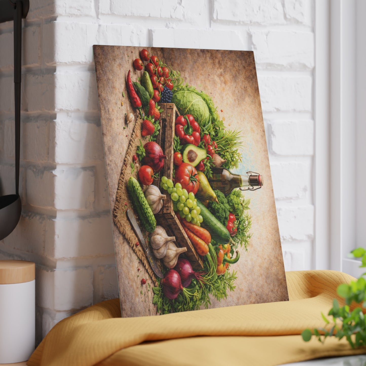 Farm Fresh Harvest Glass Cutting Board – Rustic Market Vegetable Kitchen Art
