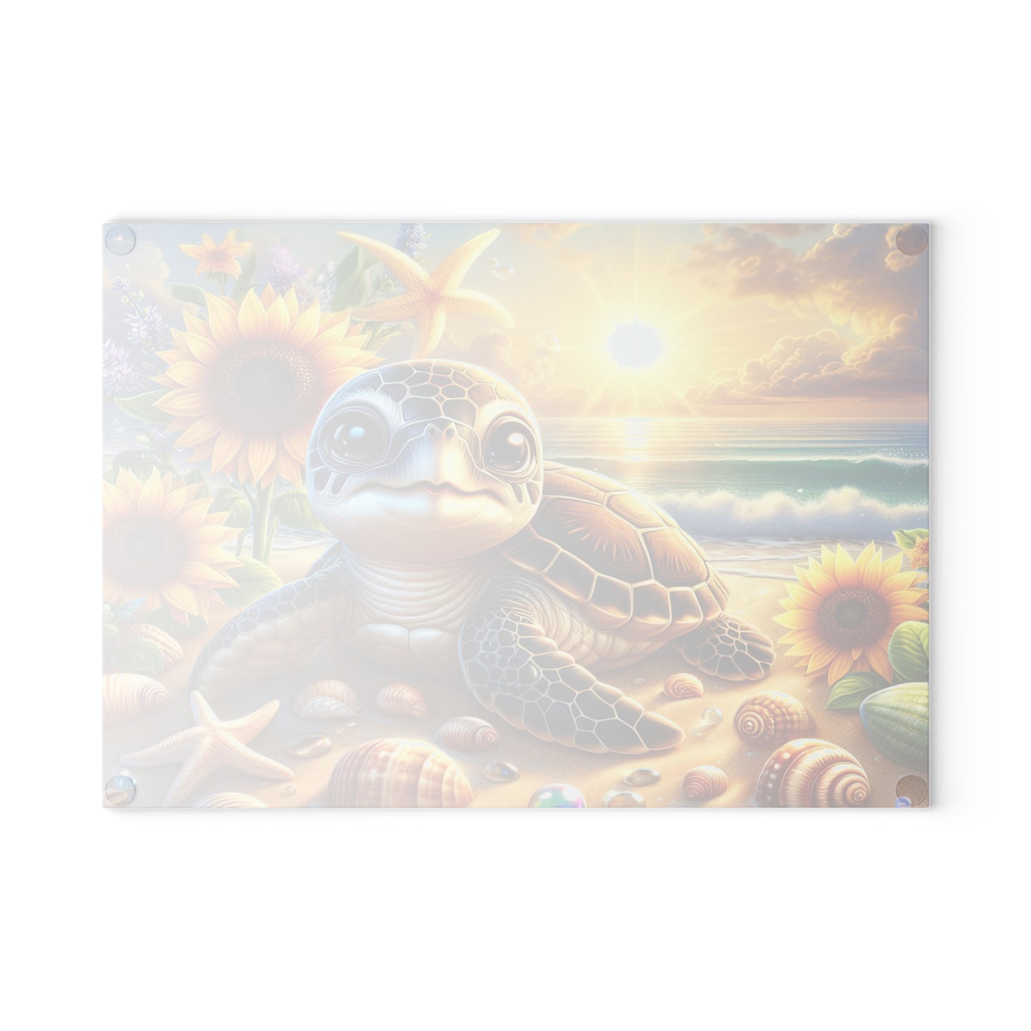 Sunny Shore Sea Turtle Glass Cutting Board – Coastal Beach Artwork with Sunflowers