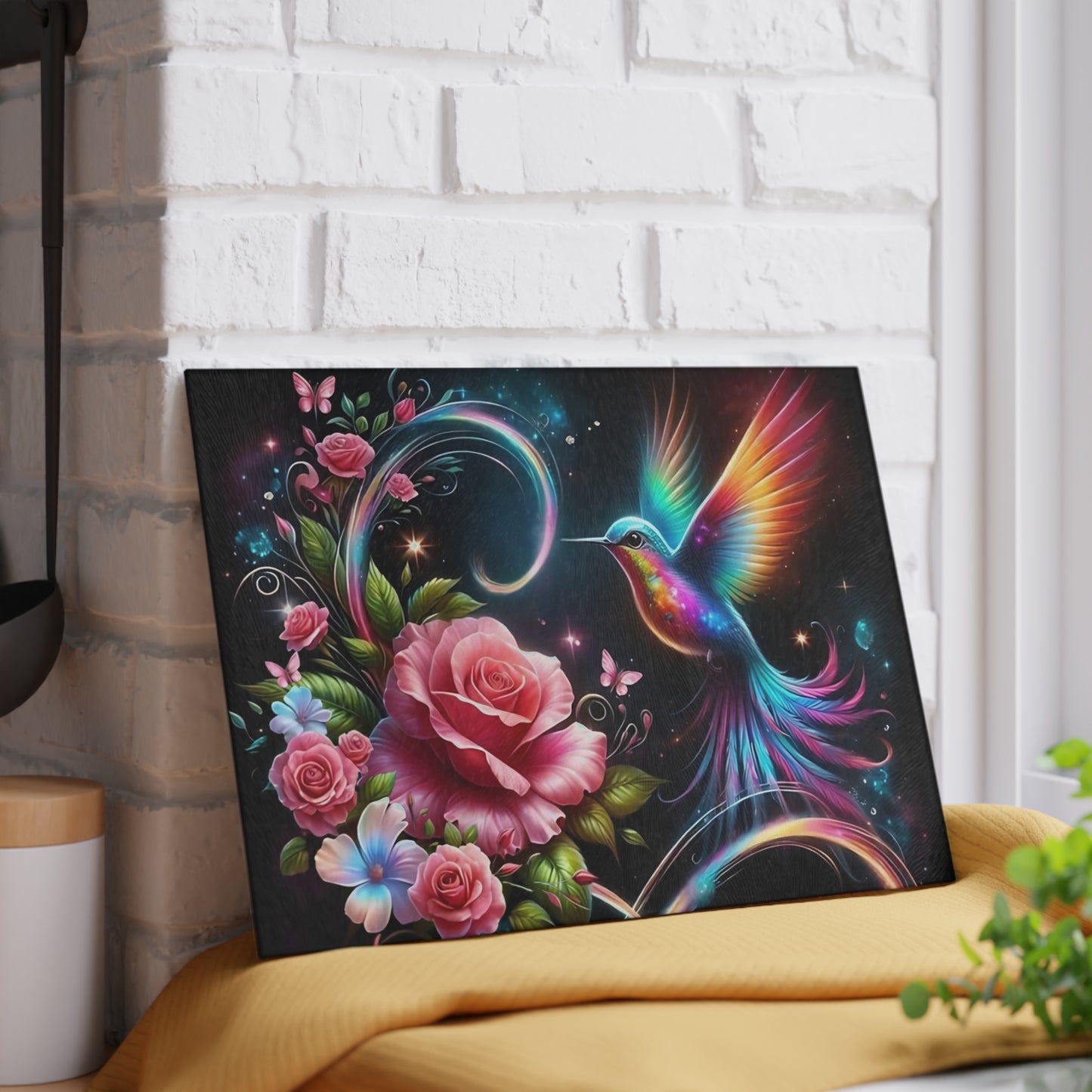 Hummingbird & Roses Tempered Glass Cutting Board – Floral Kitchen Decor, Spring Gift, Mother’s Day Present