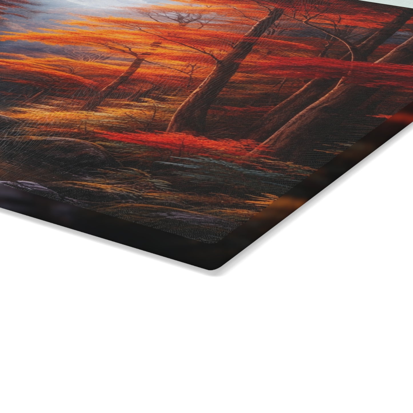 Autumn Moonlit Forest Glass Cutting Board – Dramatic Fall Landscape Kitchen Art
