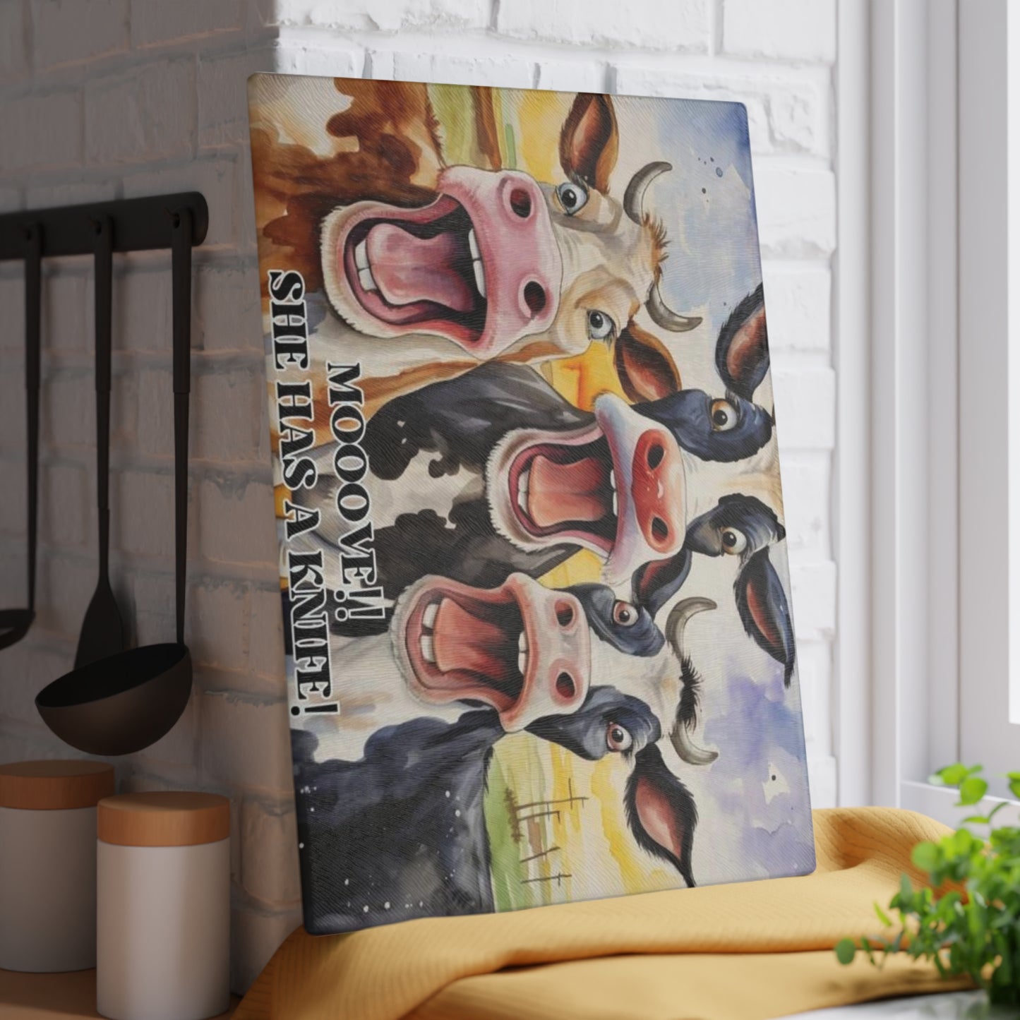 MOOOVE!! SHE HAS A KNIFE! – Funny Cow Tempered Glass Cutting Board