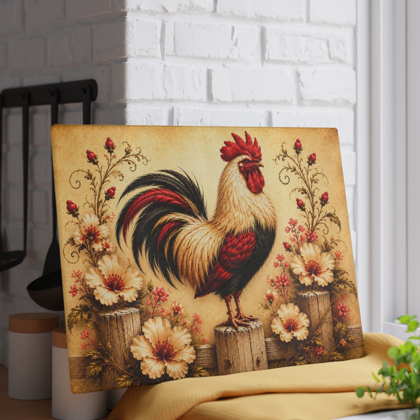 Rustic Rooster Tempered Glass Cutting Board