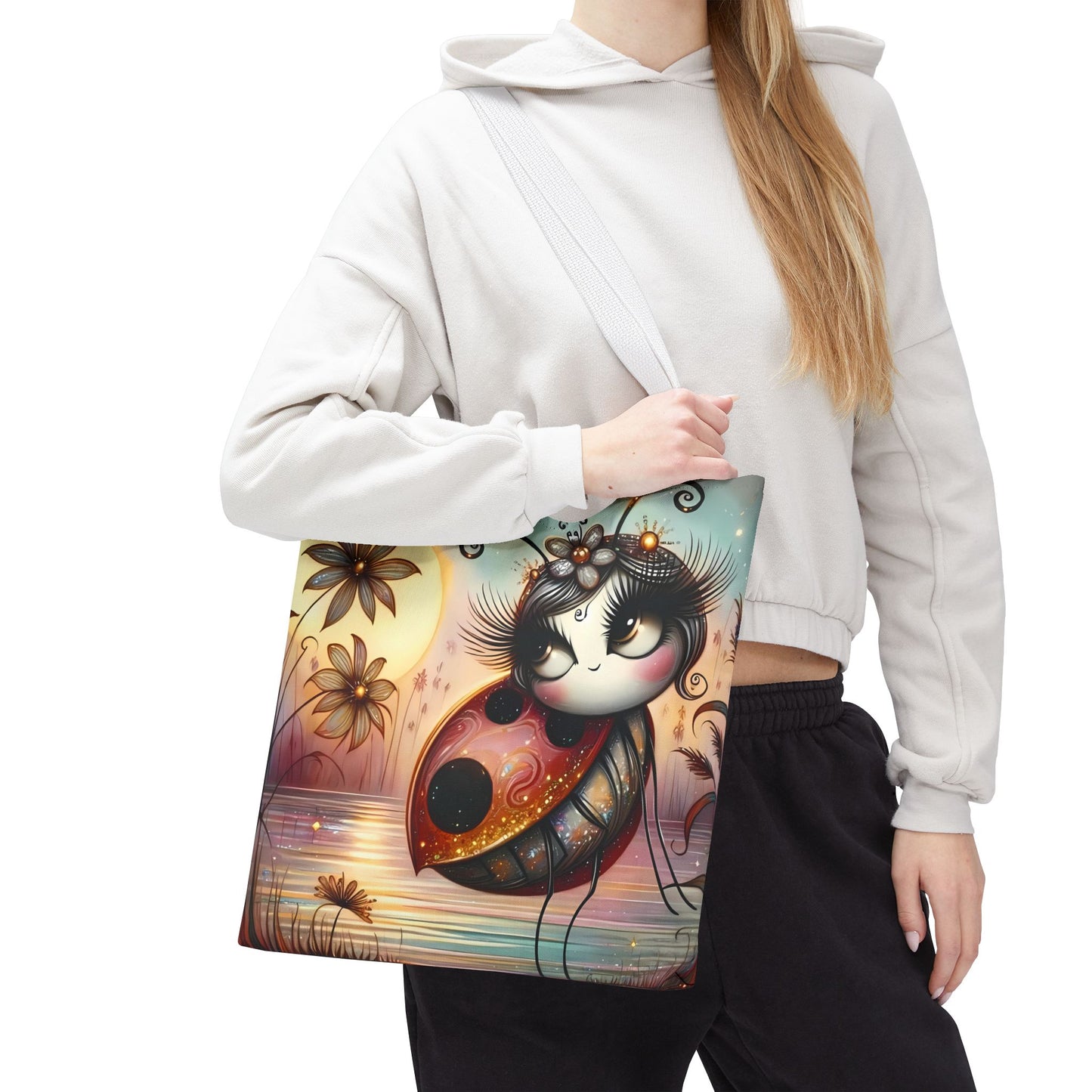 🐞 Mariquita sobre una flor junto al lago – Bolsa de tela inspirada en la naturaleza