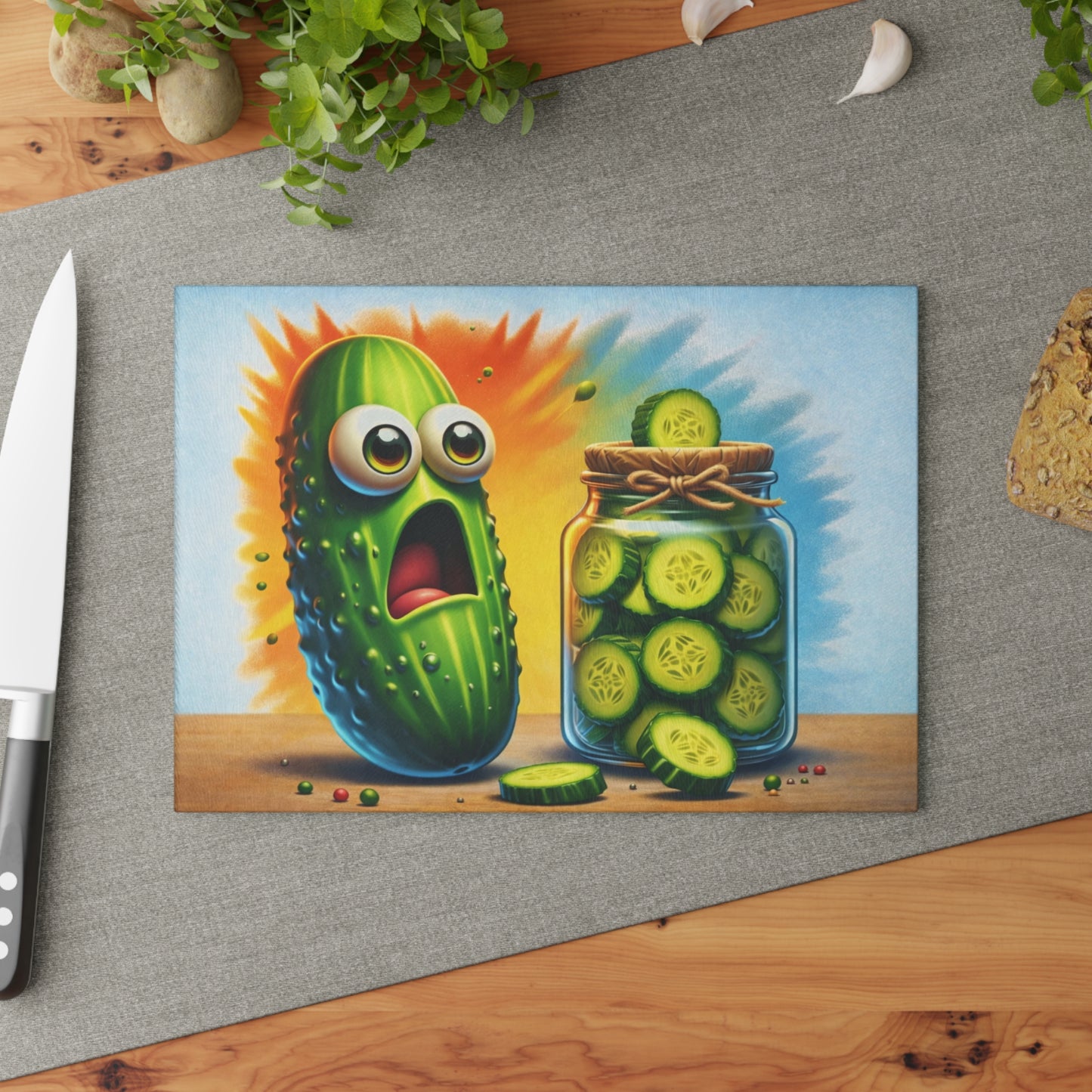 Pickled Shock Glass Cutting Board – Funny Pickle Kitchen Art with Surprised Expression