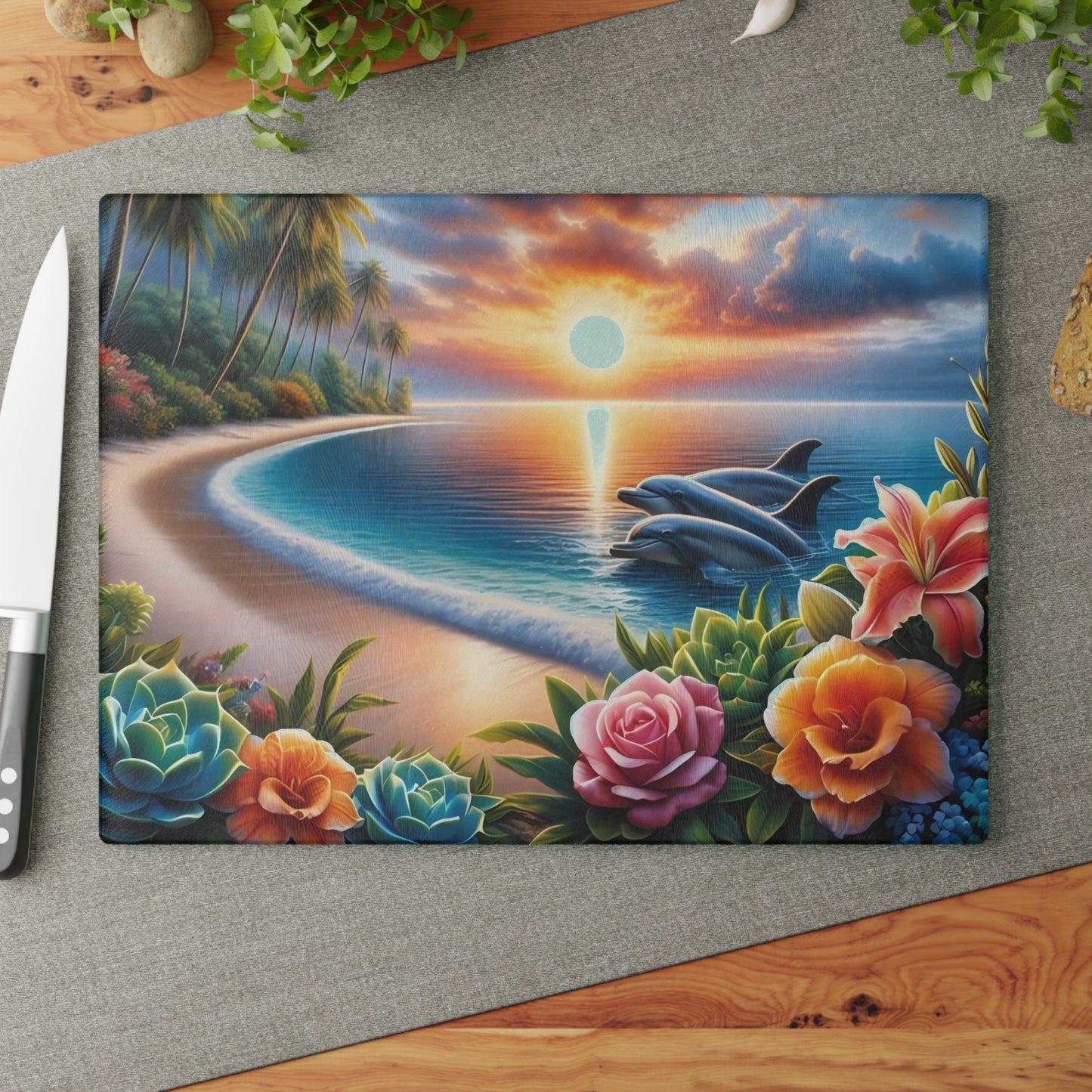 Tabla de cortar con diseño de delfín, vidrio templado con vibrantes escenas de delfines, regalo para chef, regalo para ella, regalo de boda o inauguración de la casa.