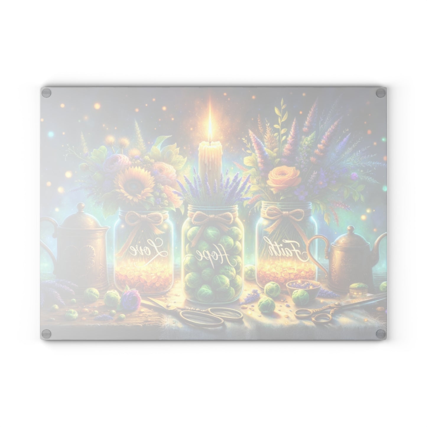 🕯️🌼 “Faith • Hope • Love” Mason Jar Glass Cutting Board – Warm Glow for Your Kitchen