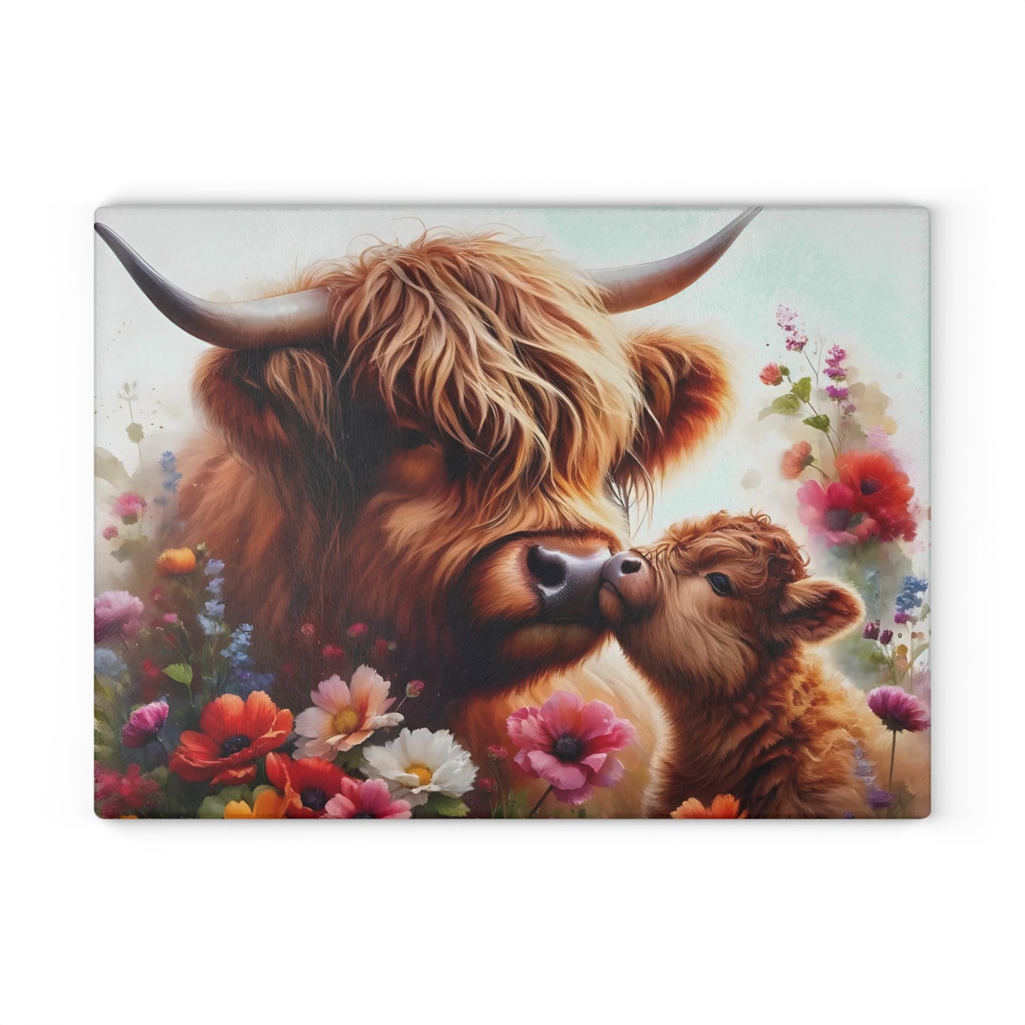 🐮🌸 Highland Cow & Calf Cutting Board – Rustic Love in Bloom 🌼❤️