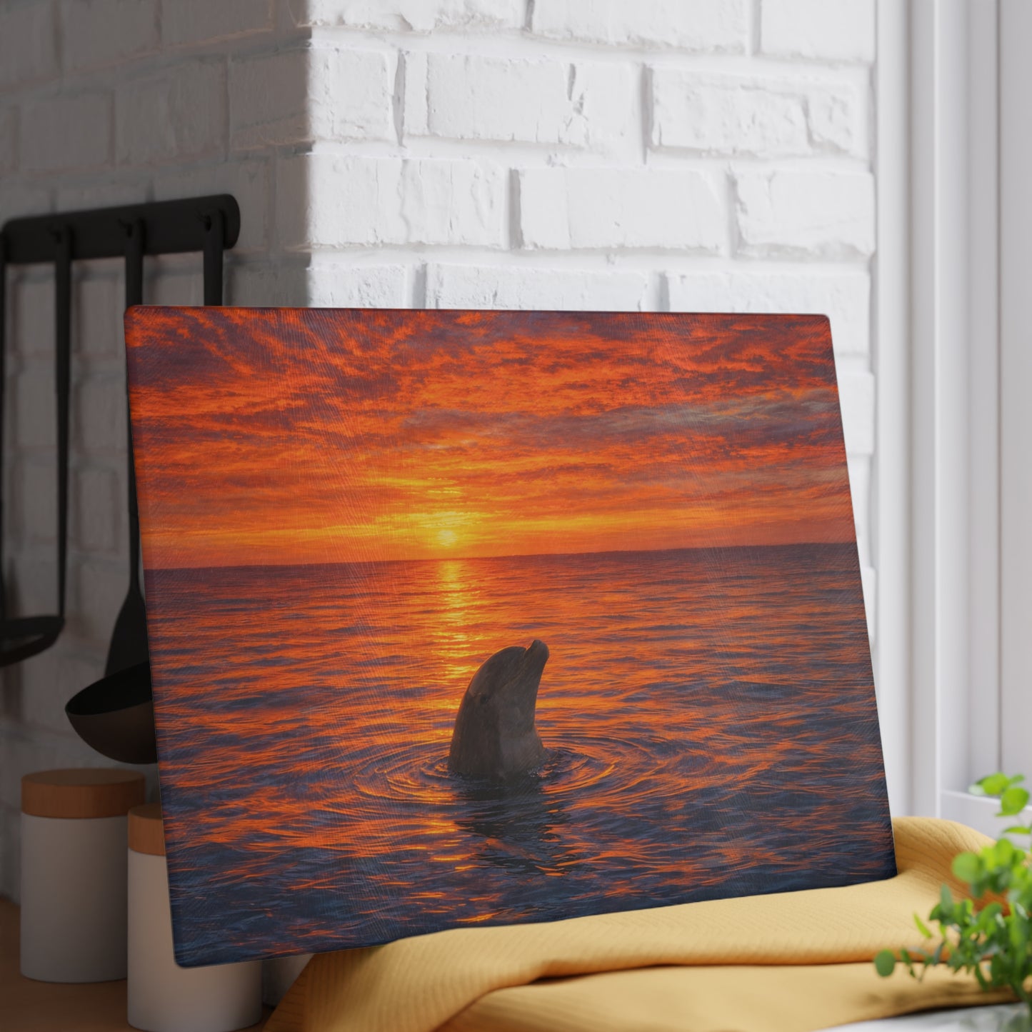 Dolphin Sunset Glass Cutting Board – Ocean Serenity Coastal Kitchen Decor